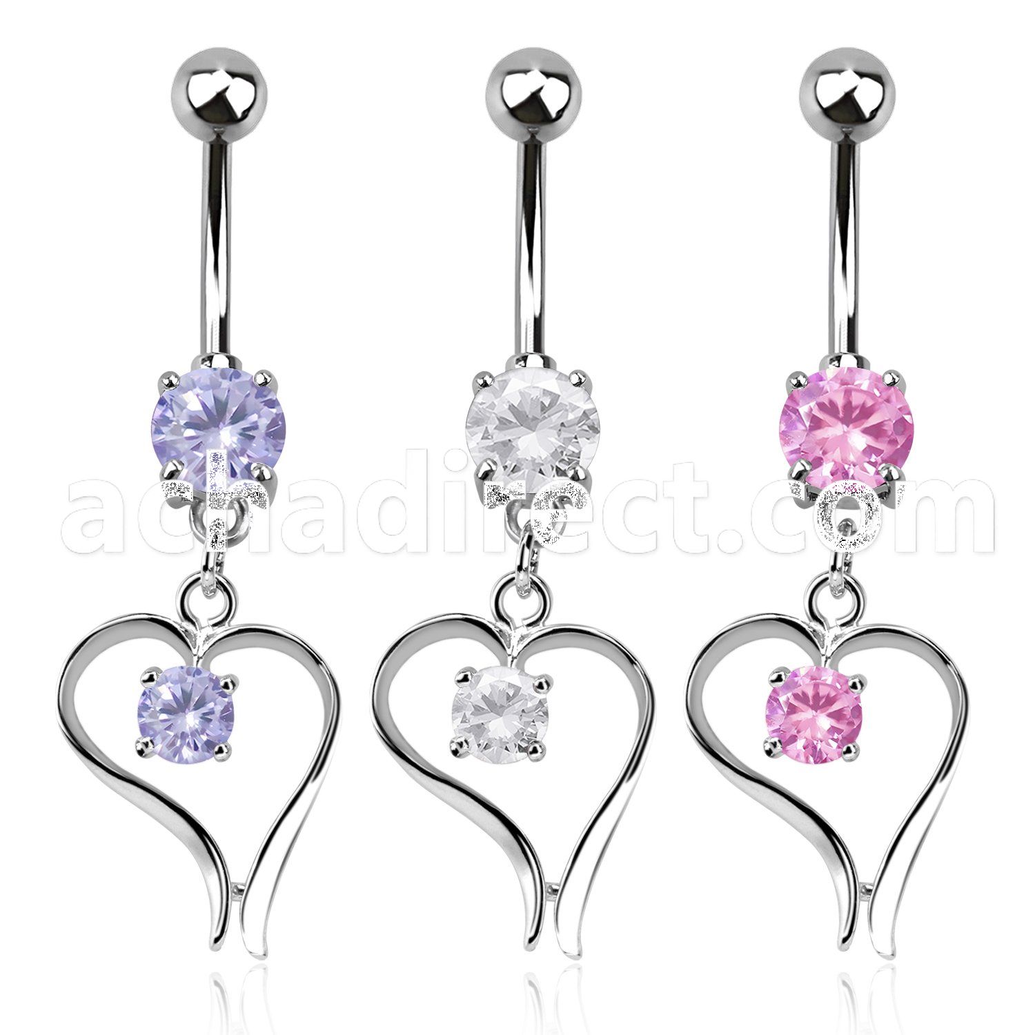 mcdz12 316l steel belly banana w prong cz heart w round cz