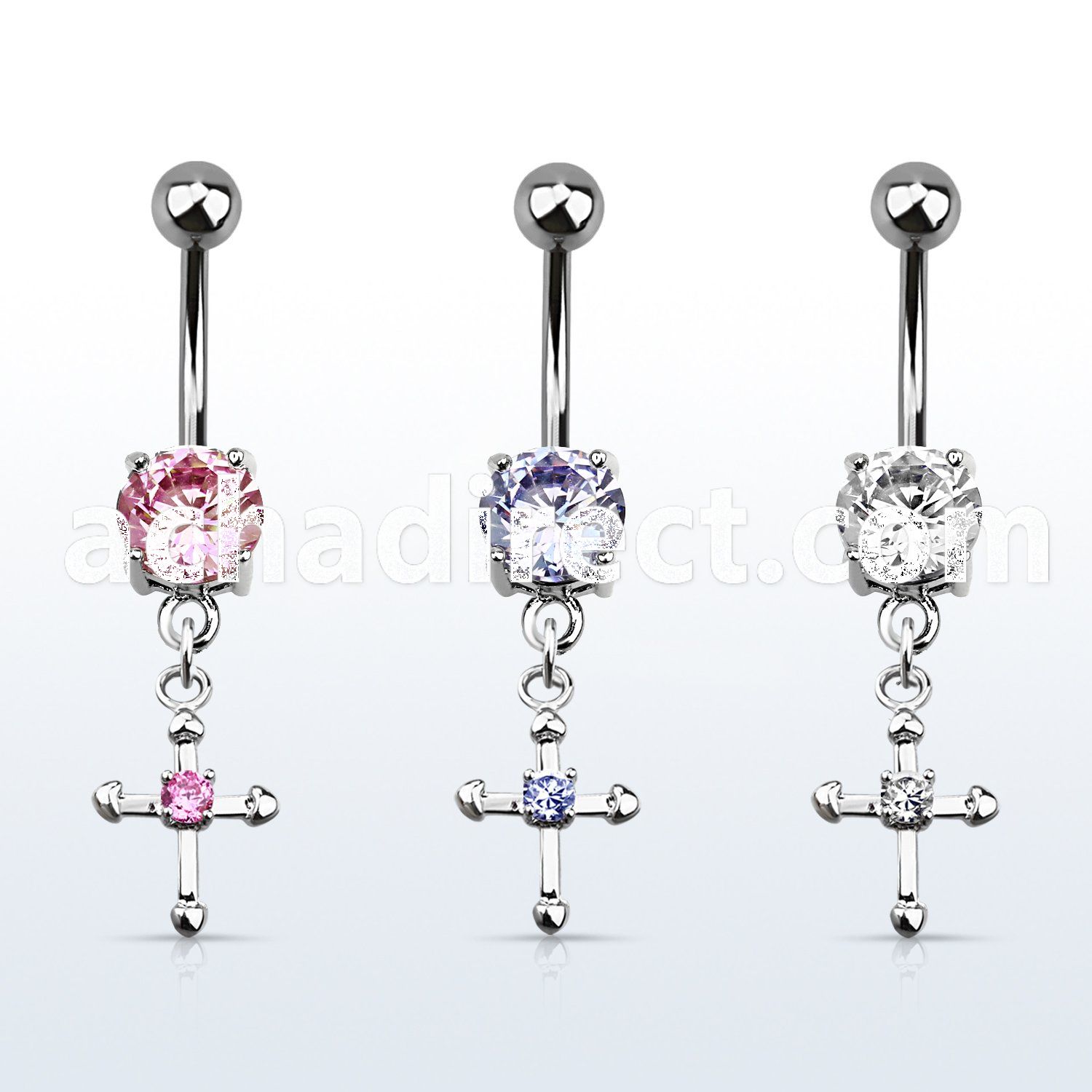 mcdz14s 316l steel belly banana with prong cz small cross