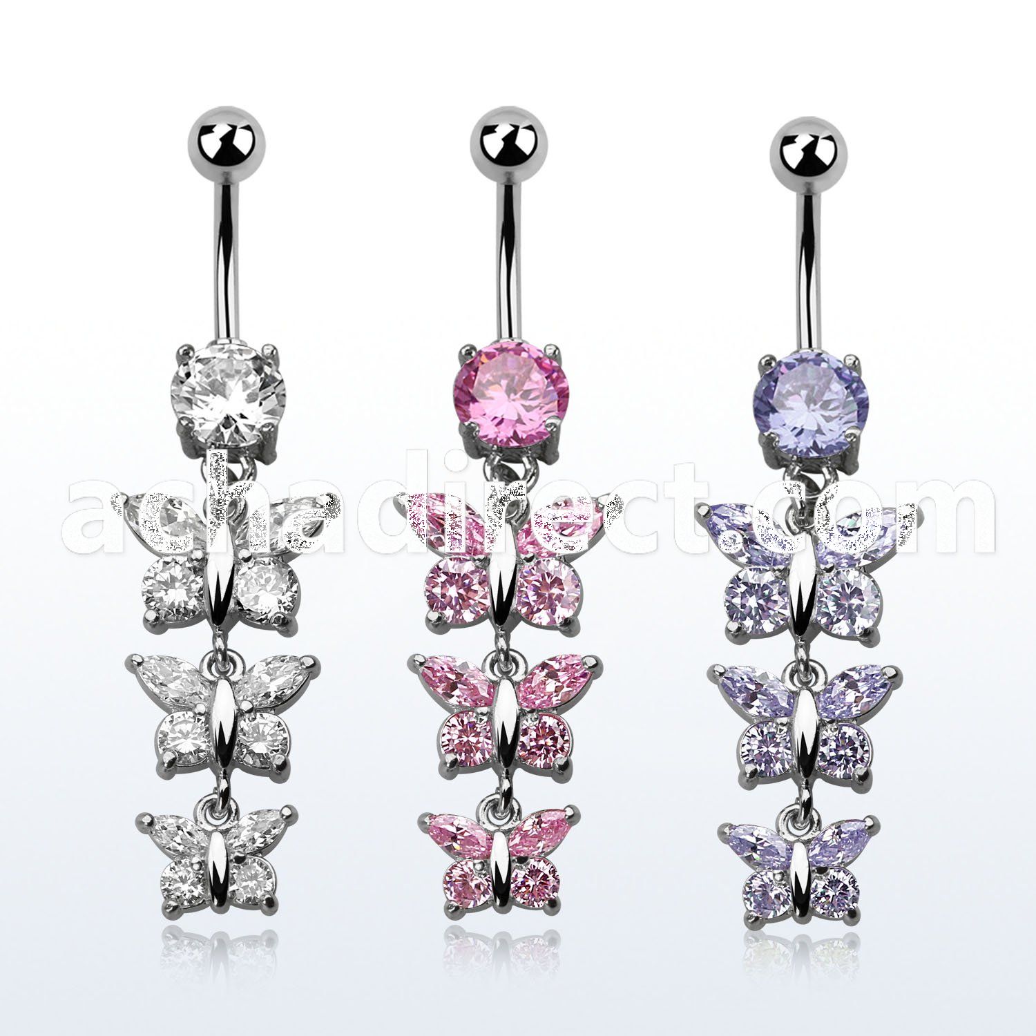 mcdz289 316l steel belly banana w a chain of 3 cz butterflies