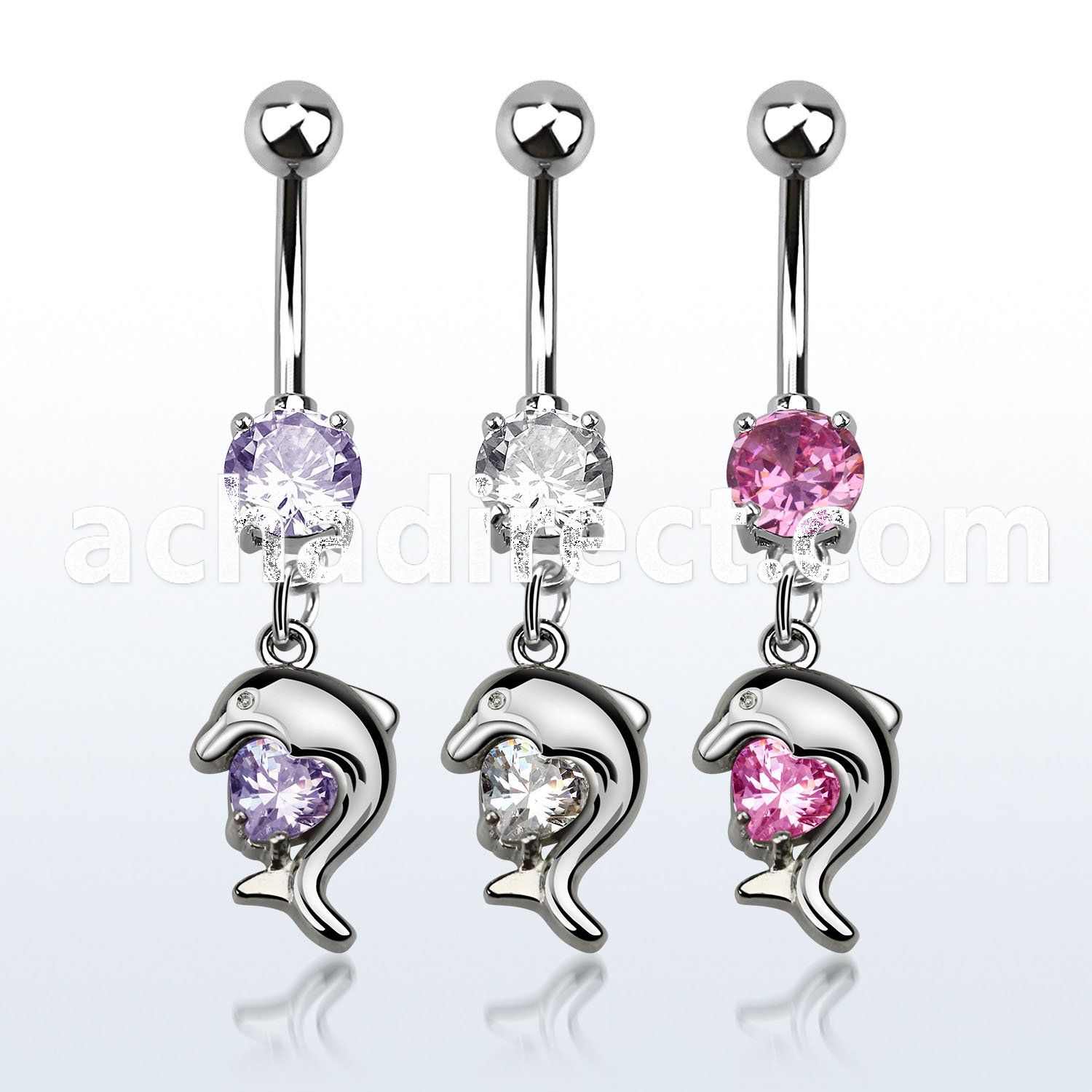 mcdz300 316 steel belly banana w prong cz dolphin w cz stone