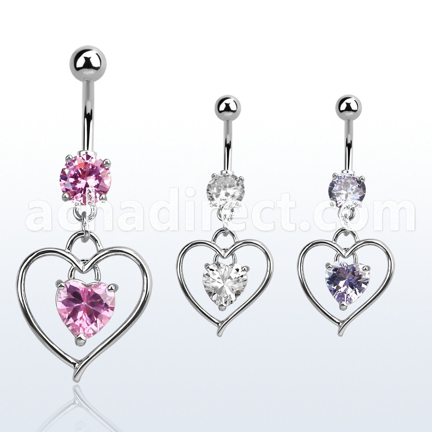 mcdz306 316l steel cz belly banana dangling heart shaped cz