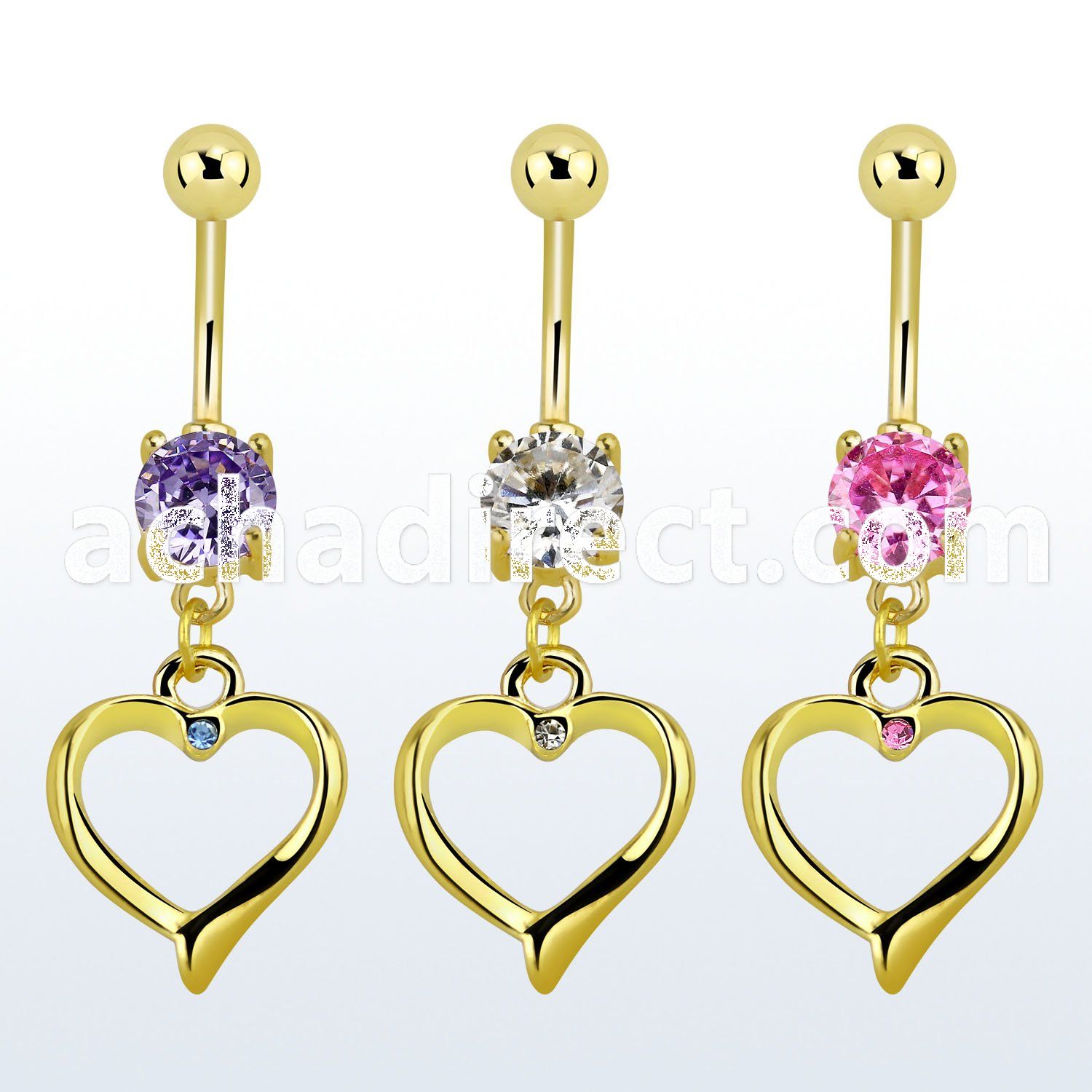 mcdz333 gold anodized belly banana w dangling heart w a crystal