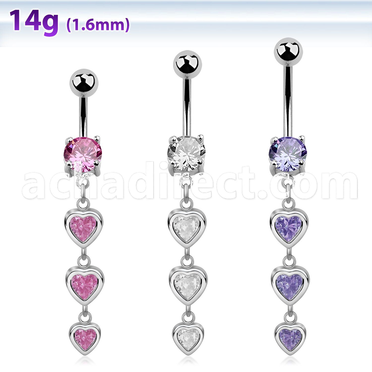mcdz350 316l steel belly banana with 3 dangling cz hearts