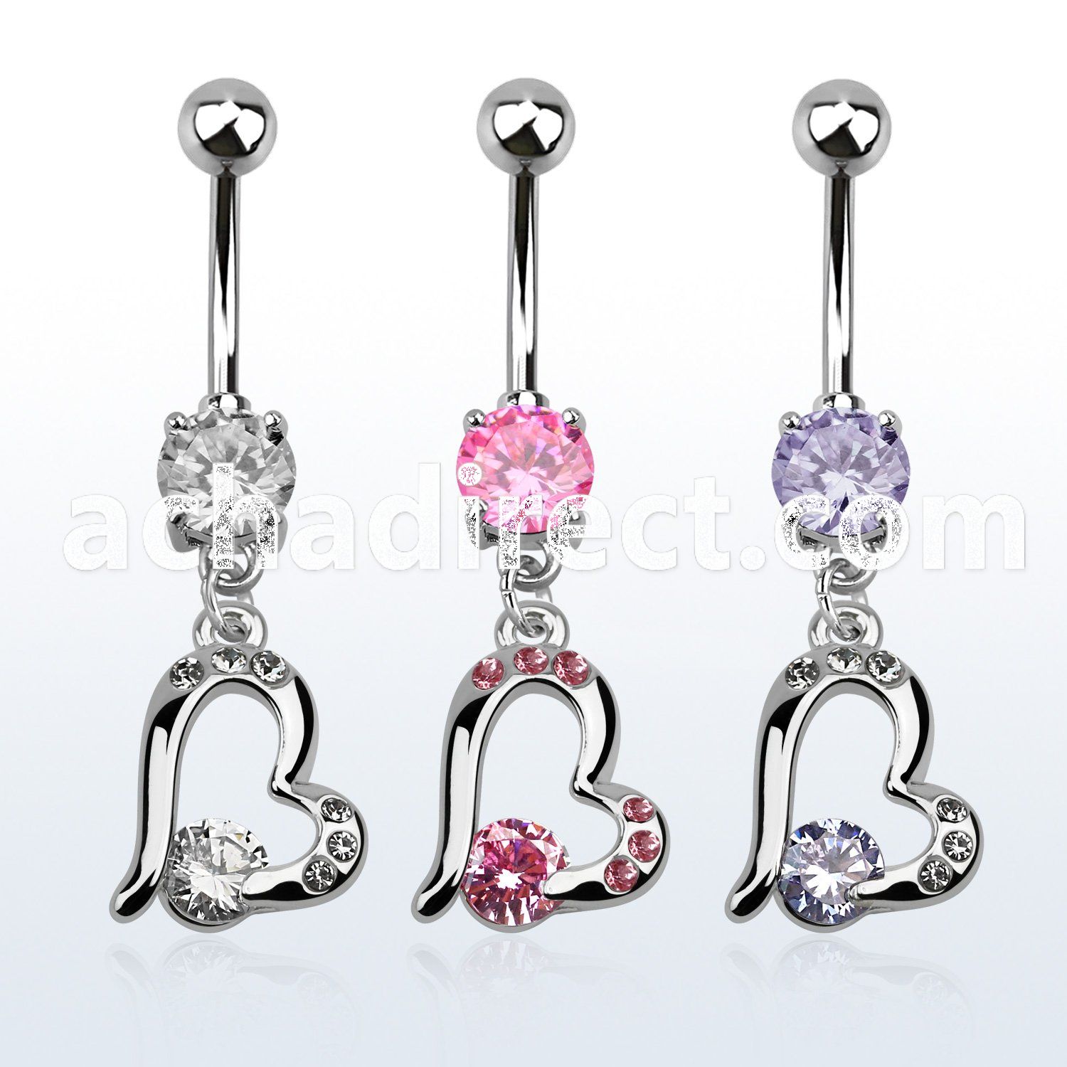 mcdz362 316l steel belly banana w dangling heart w cz stone