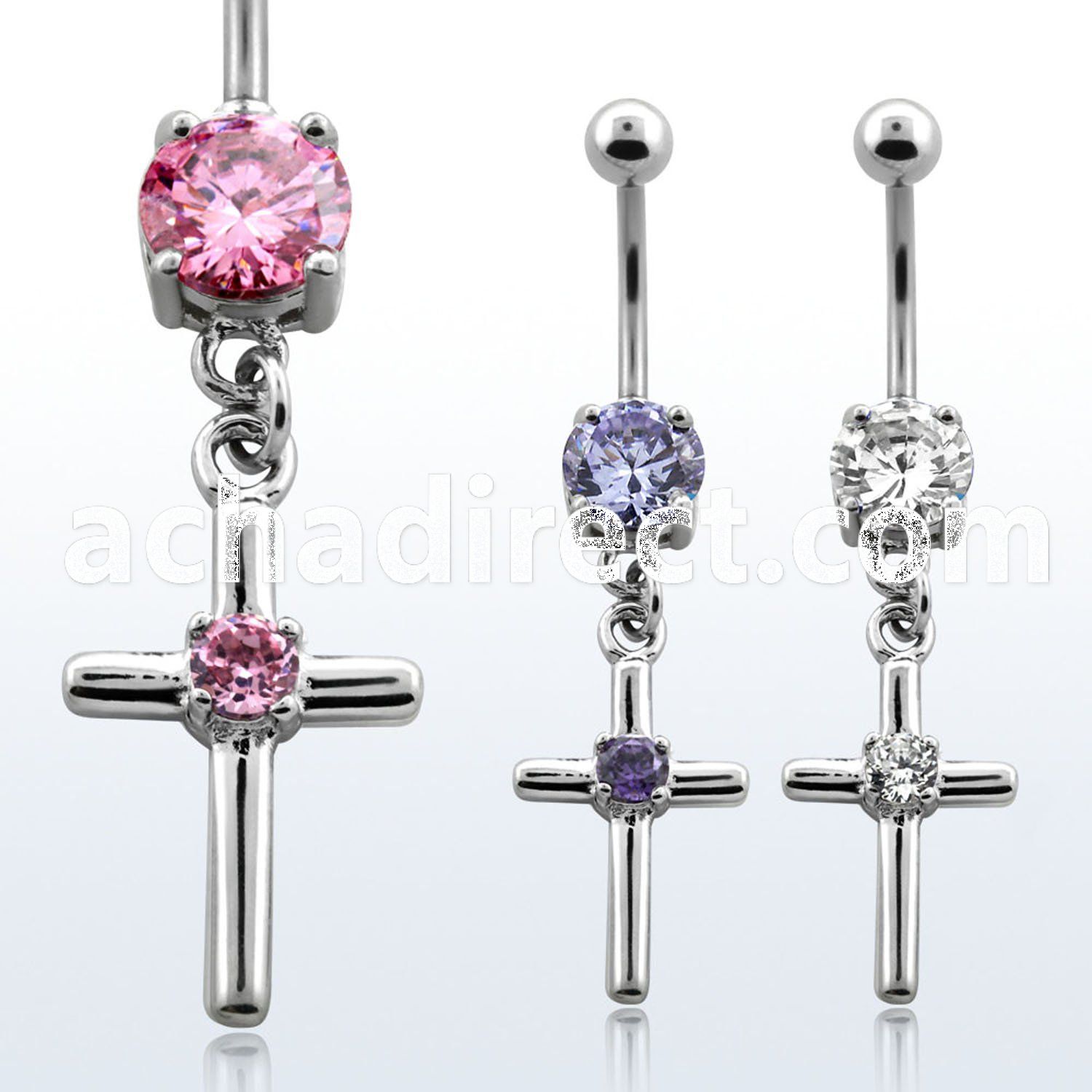 mcdz394 316l steel belly banana with cross w central prong cz