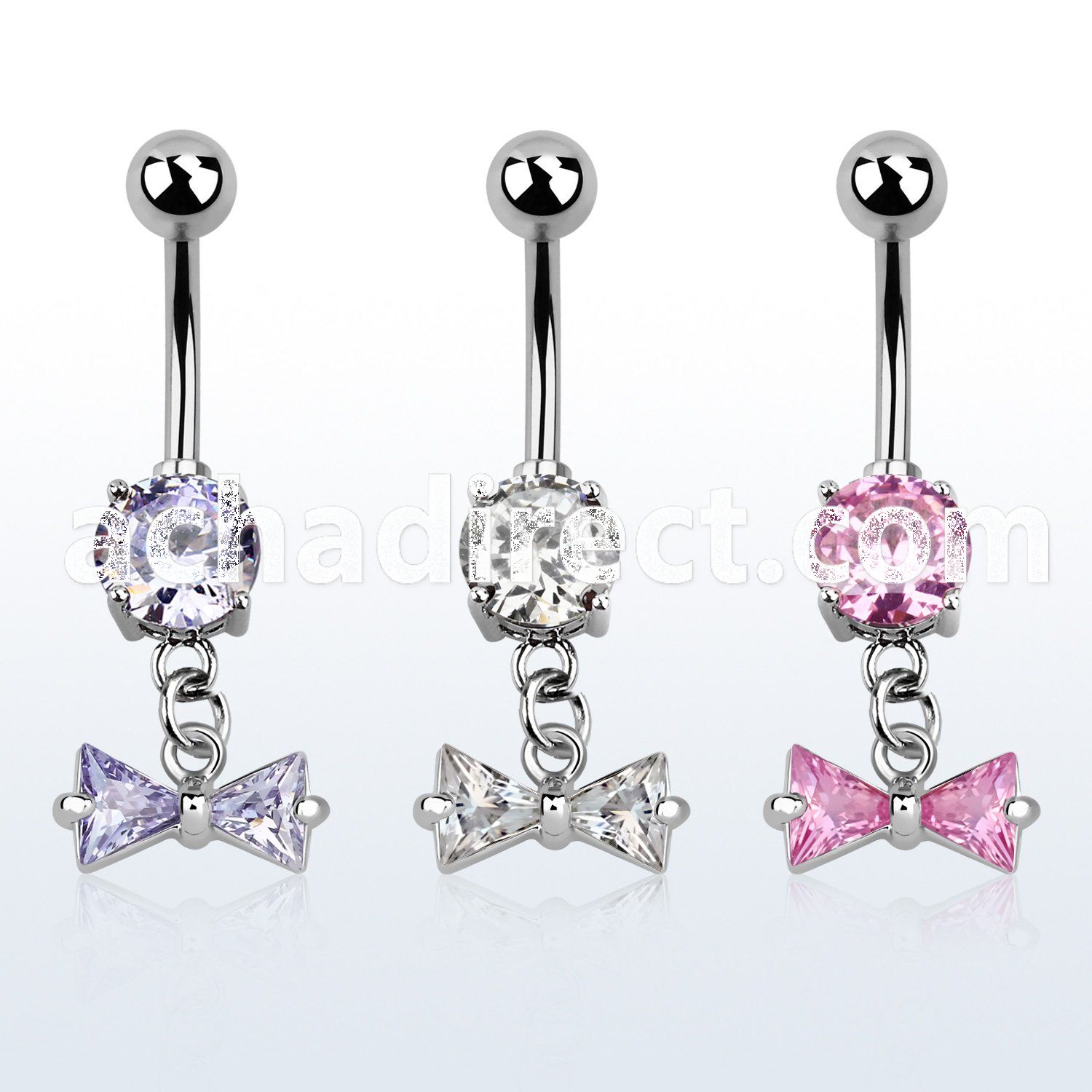 mcdz408 316l steel belly banana w dangling prong set cz bow
