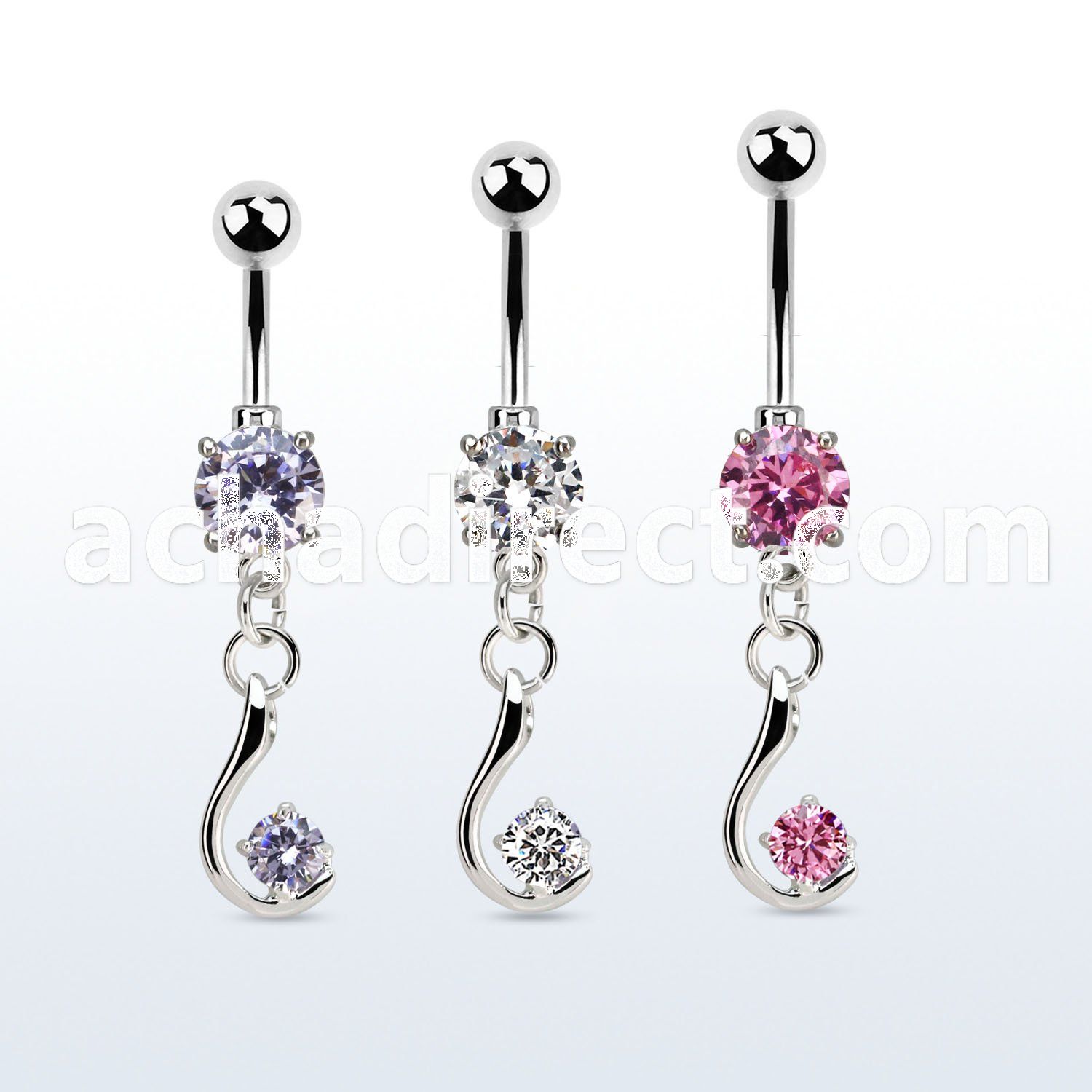 mcdz730 steel belly banana w a dangling w a single cz stone 