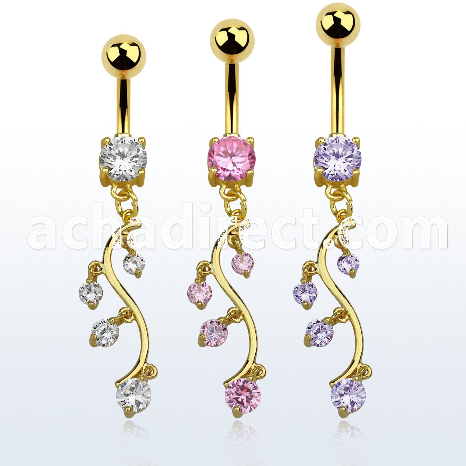 mdgz359 gold anodized belly banana w a dangling vine w cz