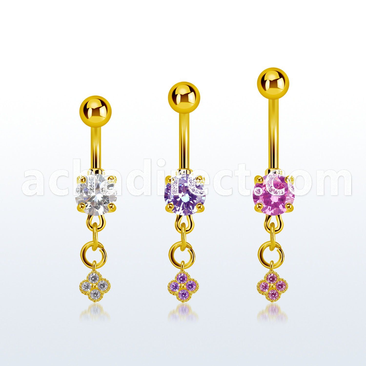 mdgz411 gold steel belly banana w dangling flower w cz stones