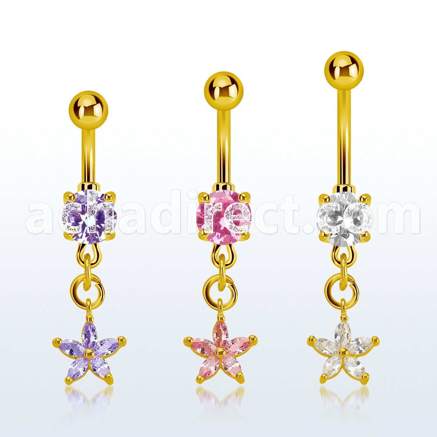 mdgz413 gold steel belly banana w dangling flower w prongset cz