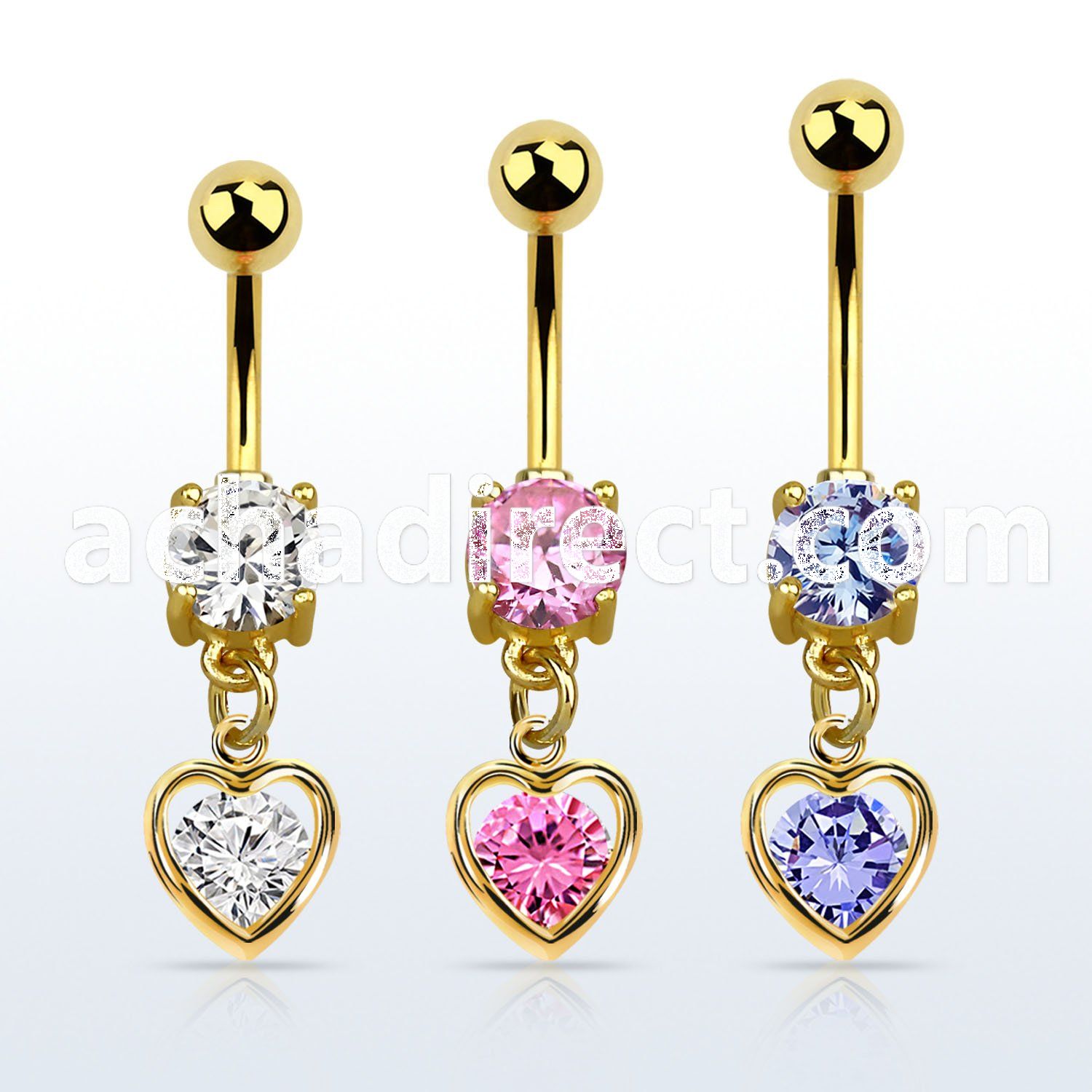 mdgz419 gold cz belly banana w dangling heart w cz center