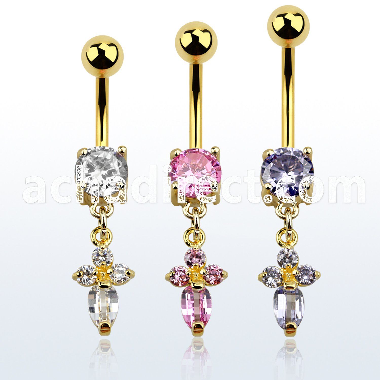 mdgz518 gold anodized belly banana w a dangling cz cross