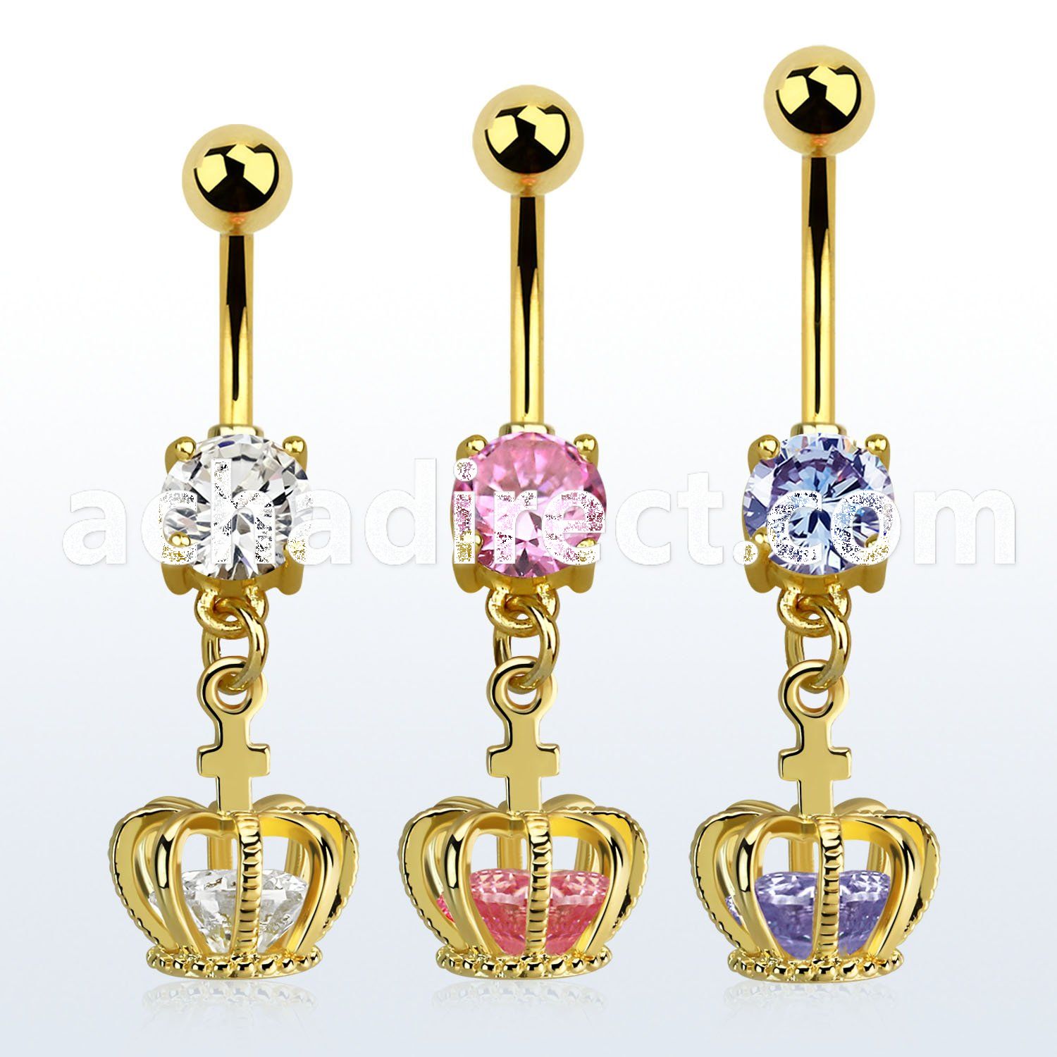 mdgz590 gold steel belly banana w cz dangling crown w cz