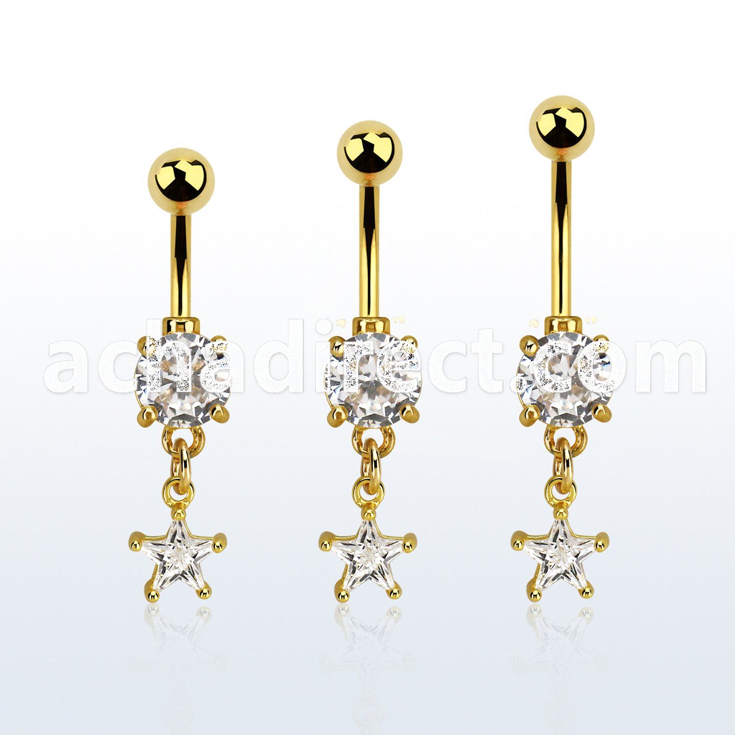 mdgzs6 gold steel belly banana w dangling prong set cz star