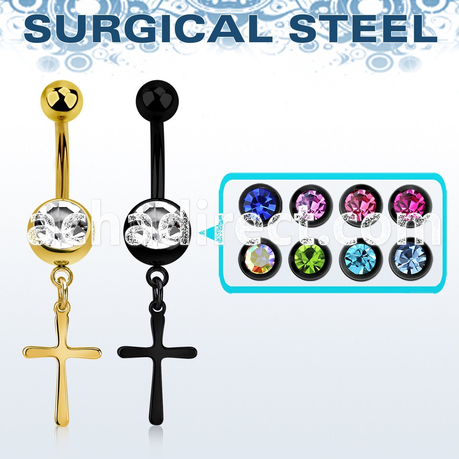 mdk757 anodized steel belly banana w prong set cz plain cross