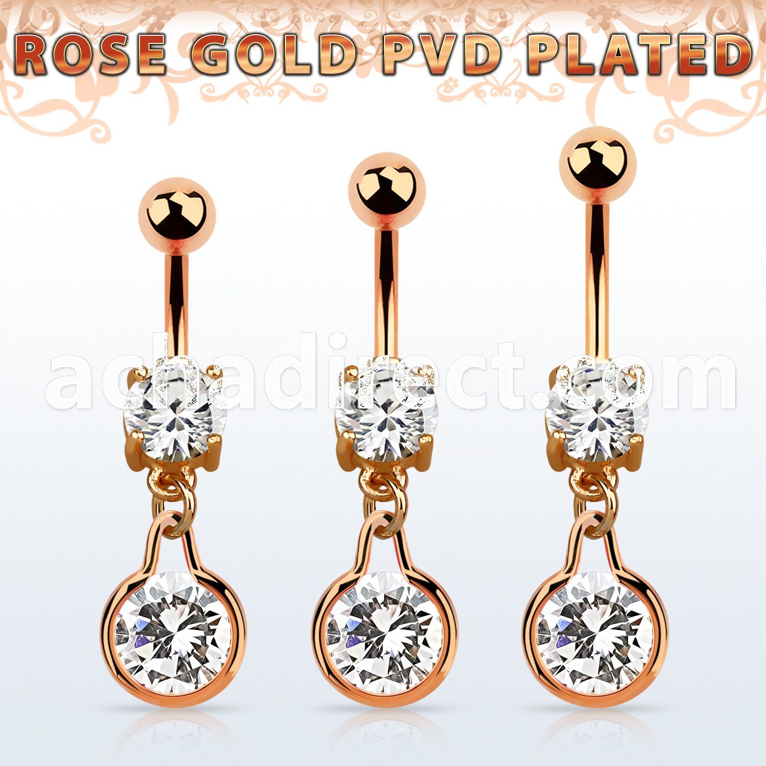 mdrz417 rose gold cz belly banana w round dangling w cz