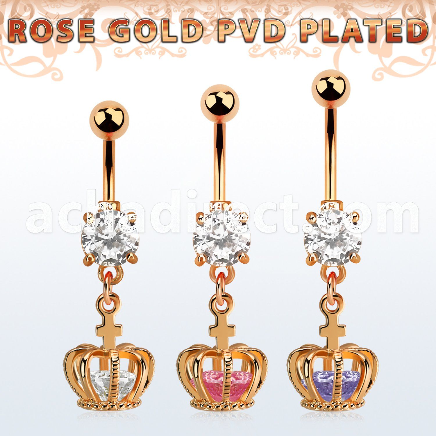 mdrz590 rose gold steel belly banana w cz dangling crown w cz