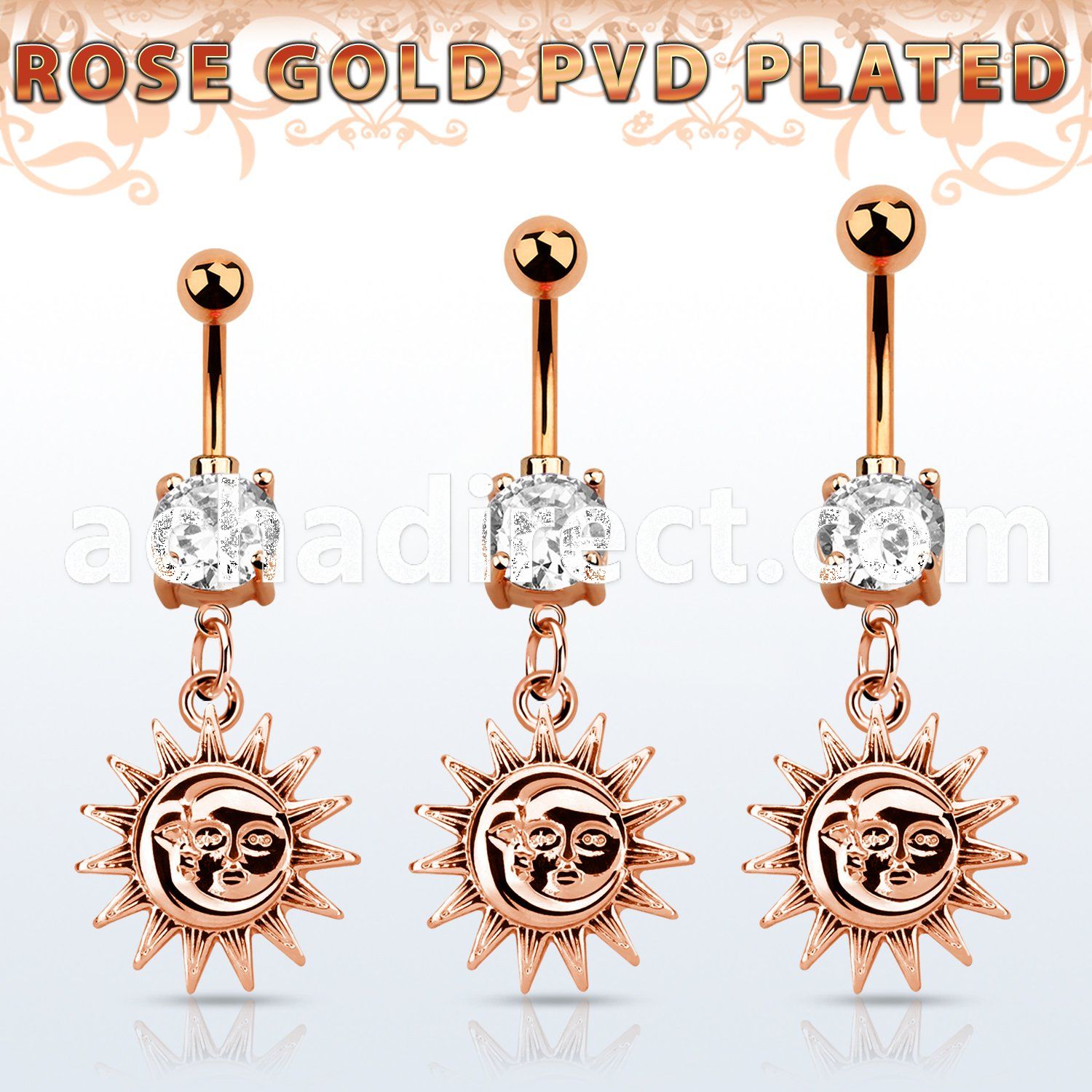 mdrz726c rose gold cz belly banana w dangling plain sun 