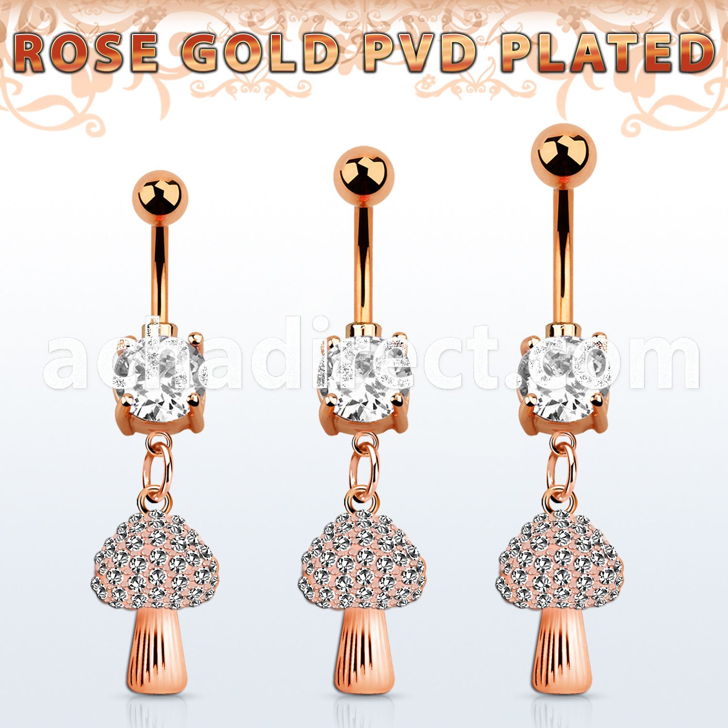 mdrz764c rose gold cz belly banana w dangling crystal mushroom 