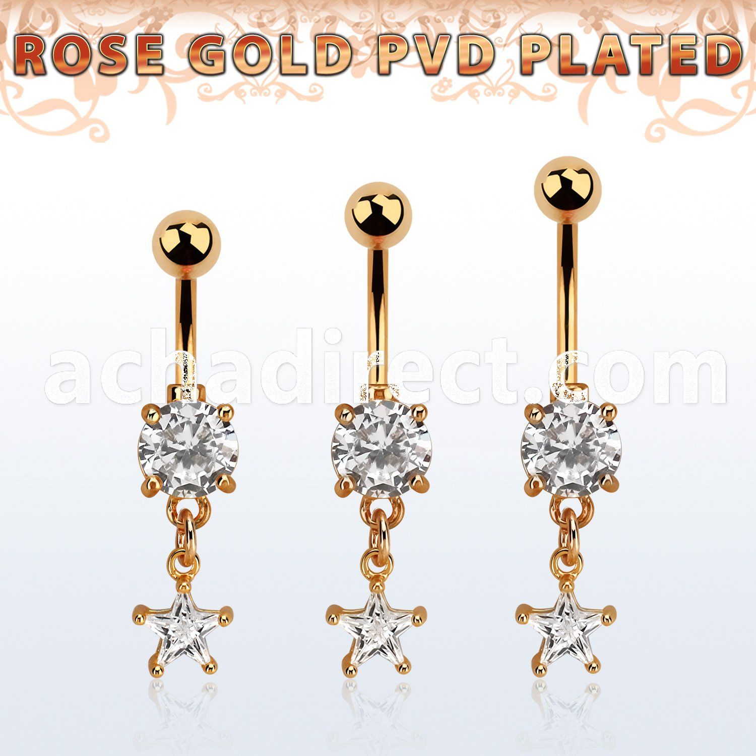 mdrzs6 rose gold steel belly banana w dangling cz star