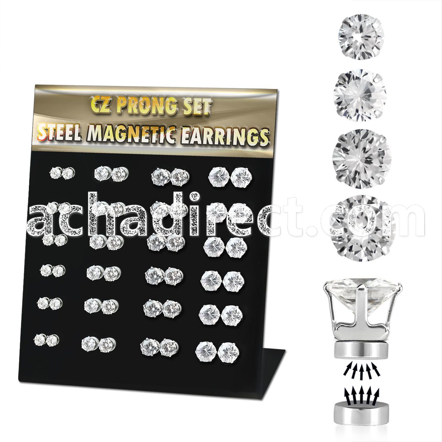 mg111 board w 24 prs. of magnetic ear studs w round clear cz