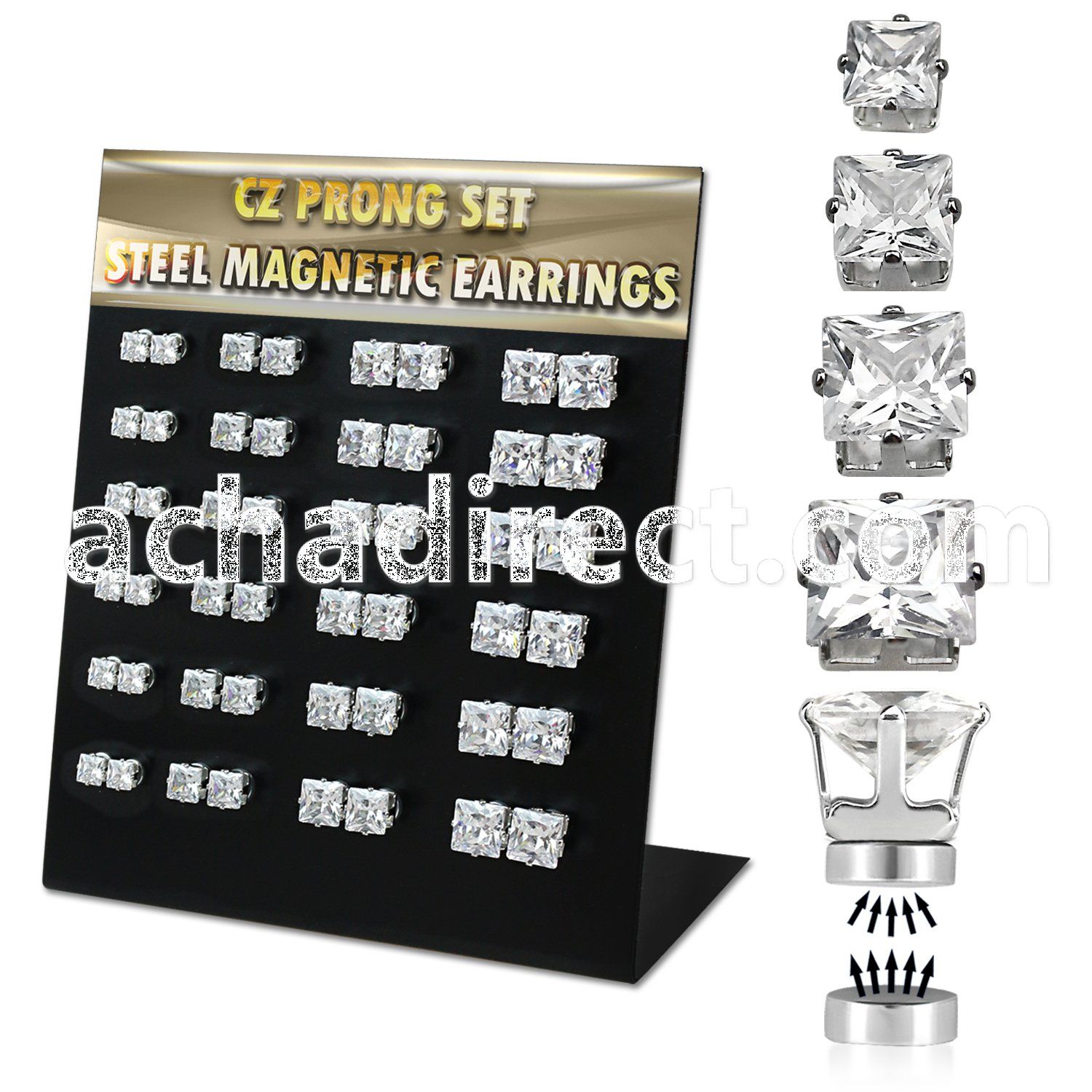 mg113 board w 24 prs. of magnetic ear studs w square clear cz