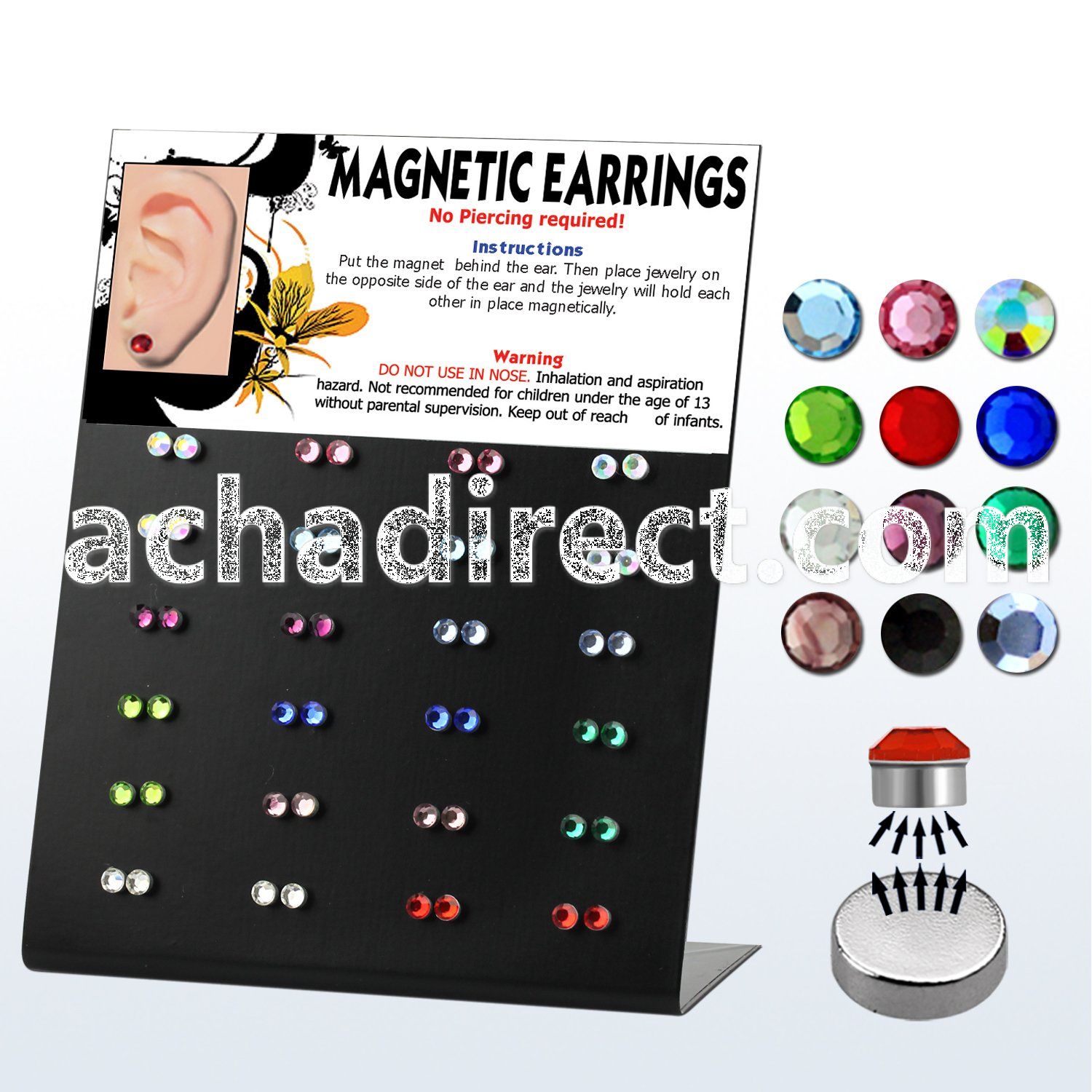 mg80 board of 3mm round clear crystal magnetic earrings
