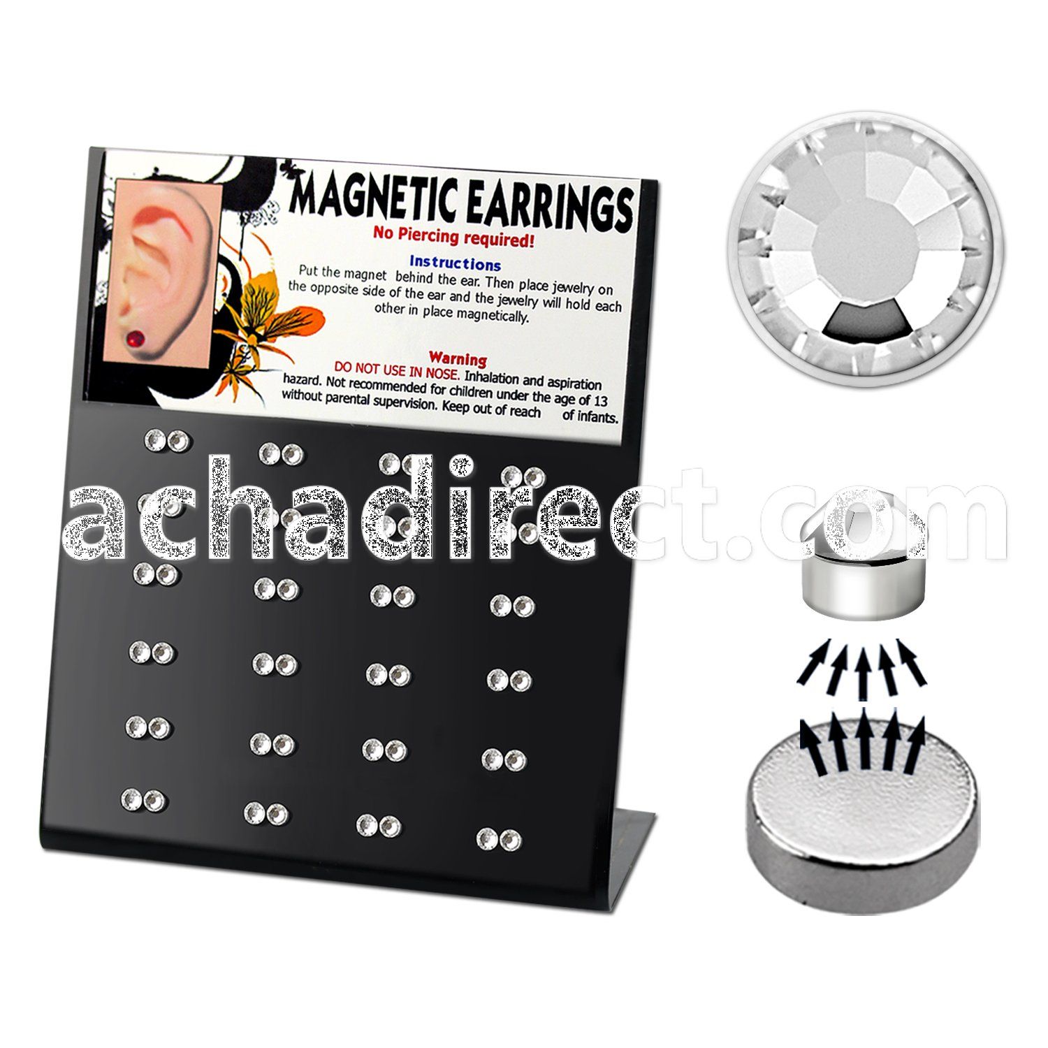 mg81 board with 24 prs of 3mm round crystal magnetic earrings