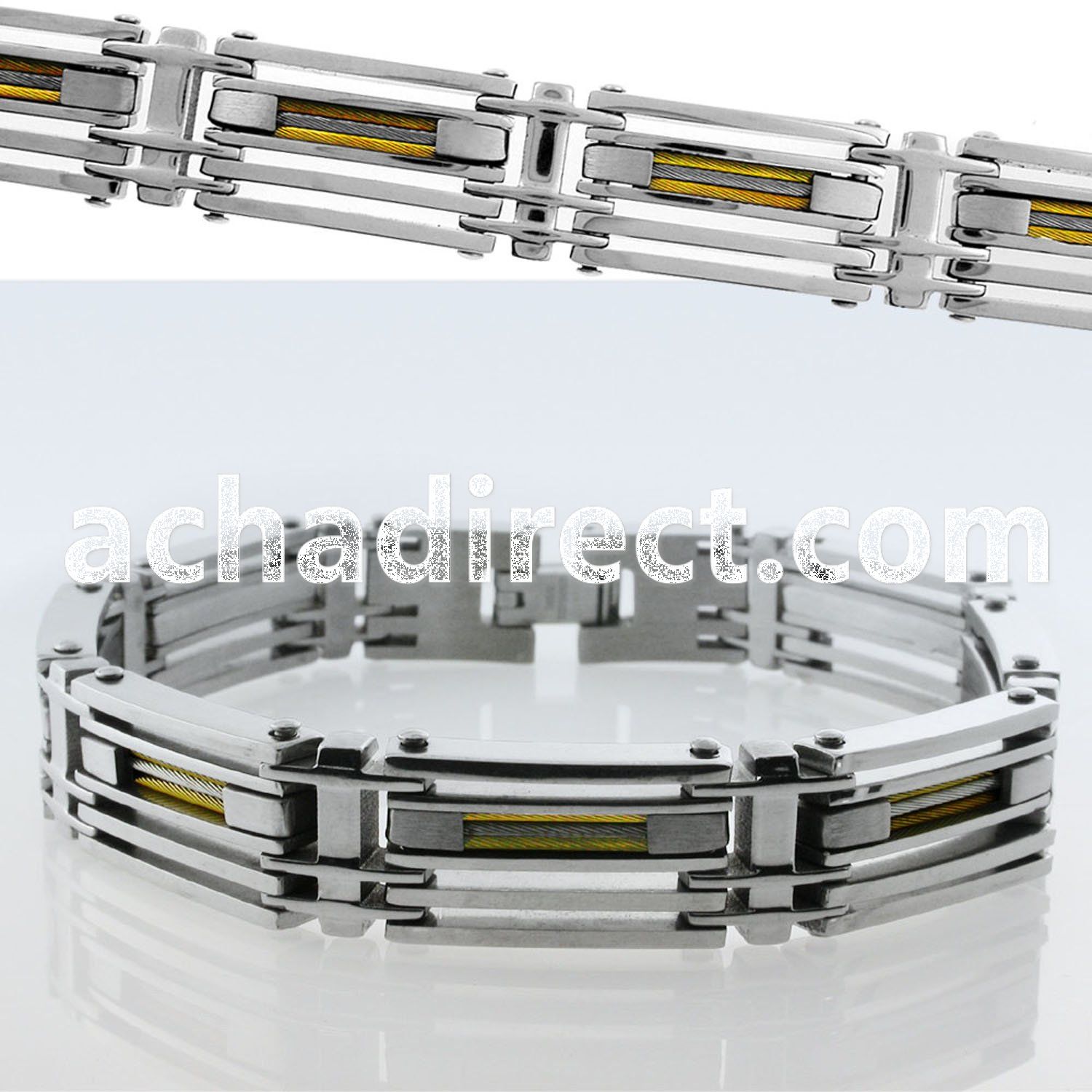 mgb20 steel bracelet w layered polished links gold accents