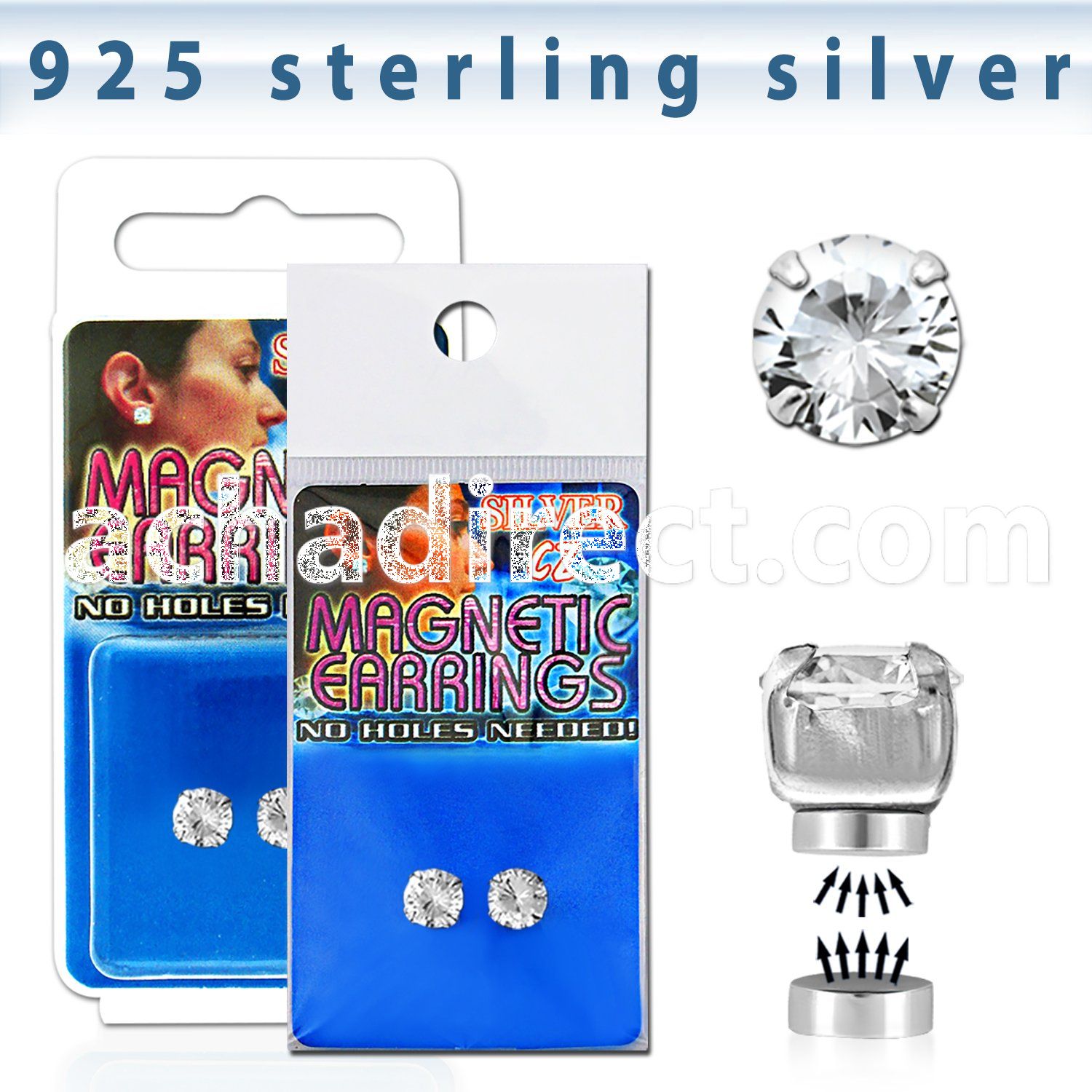 mgcz5 pair of silver magnetic earring studs with 5mm clear cz