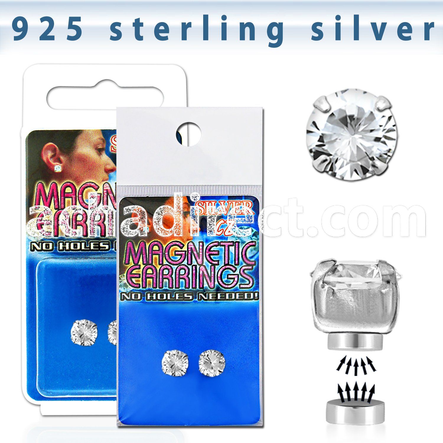 mgcz6 pair of silver magnetic earring studs with 6mm clear cz
