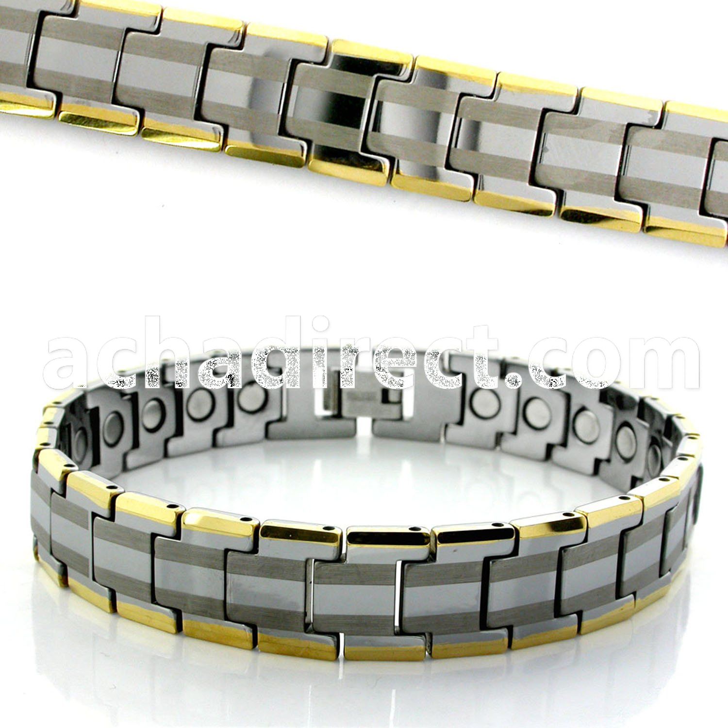 mgub4 tungsten bracelet with interlocking links and gold edges