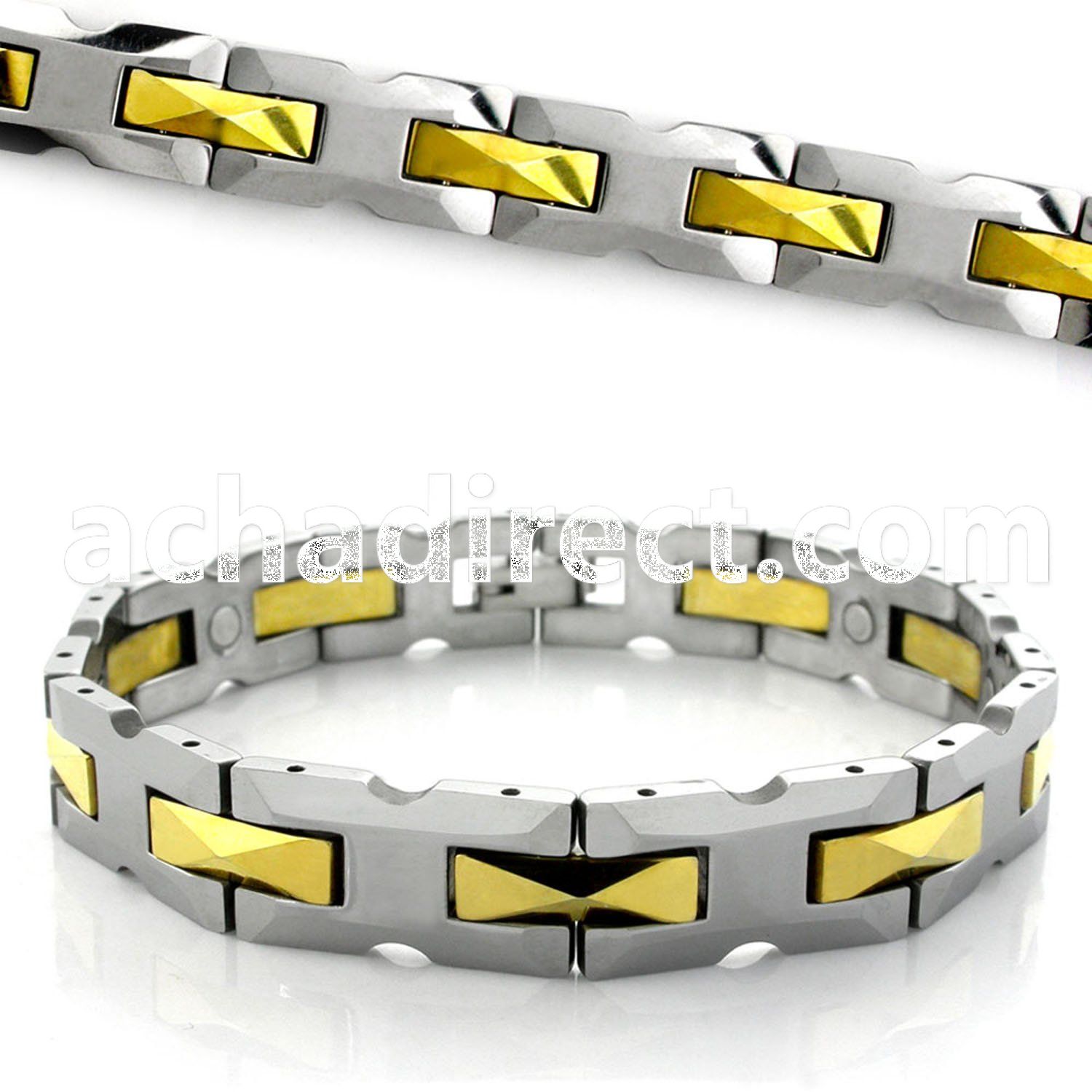 mgub5 polished tungsten h link bracelet with gold hinges