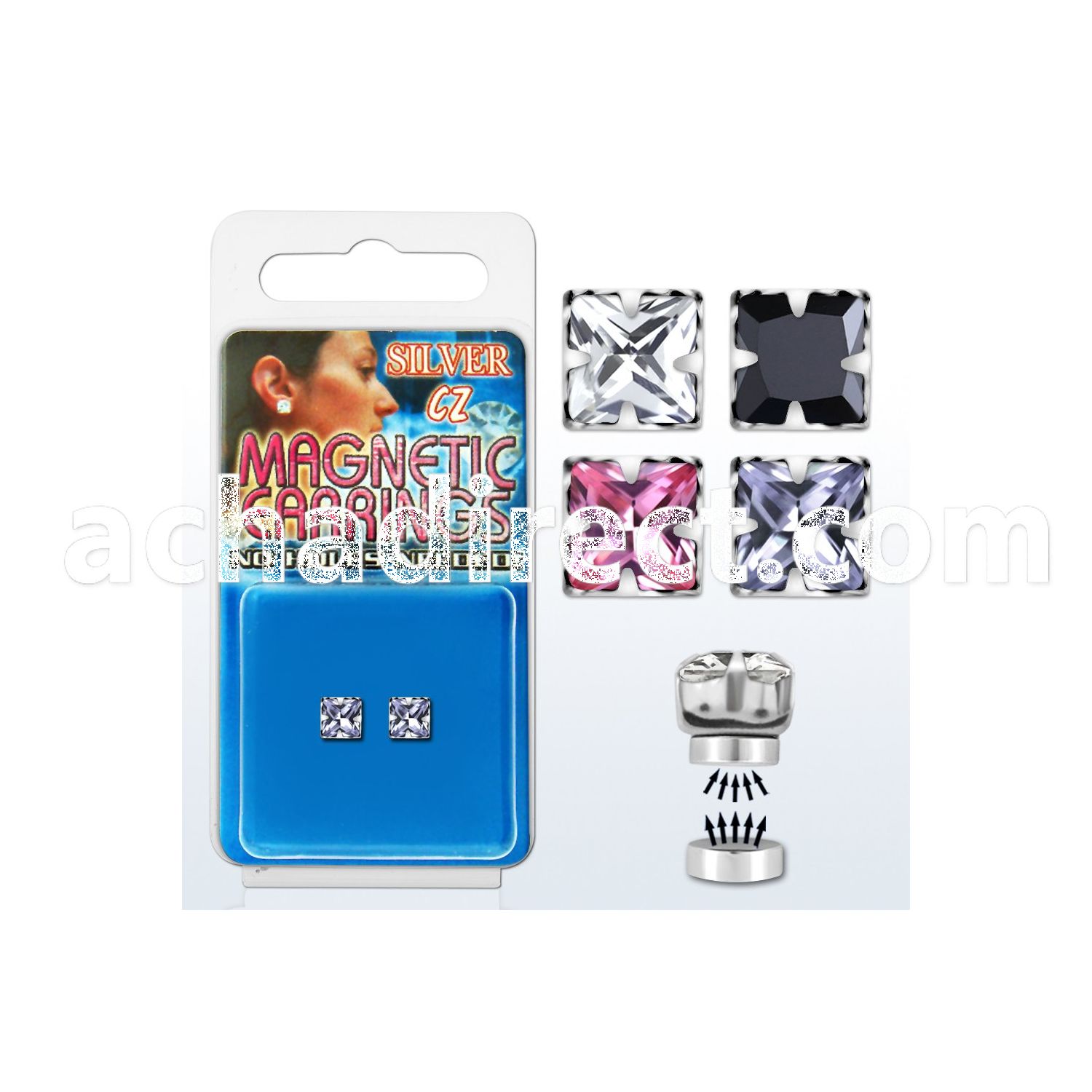 mgzq5m pair of silver magnetic ear studs w 5mm square color cz