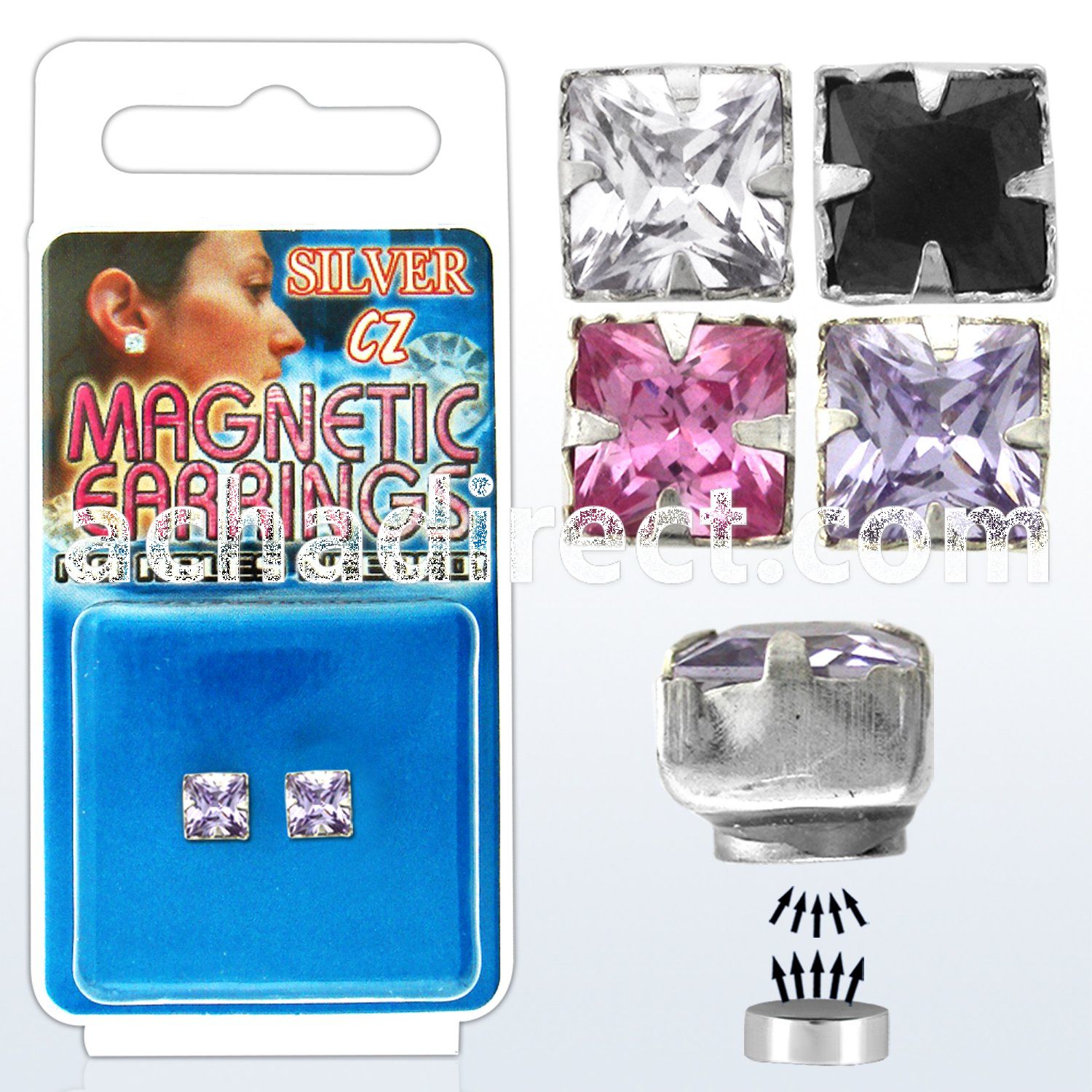 mgzq6m pair of silver magnetic earring studs w 6mm square cz