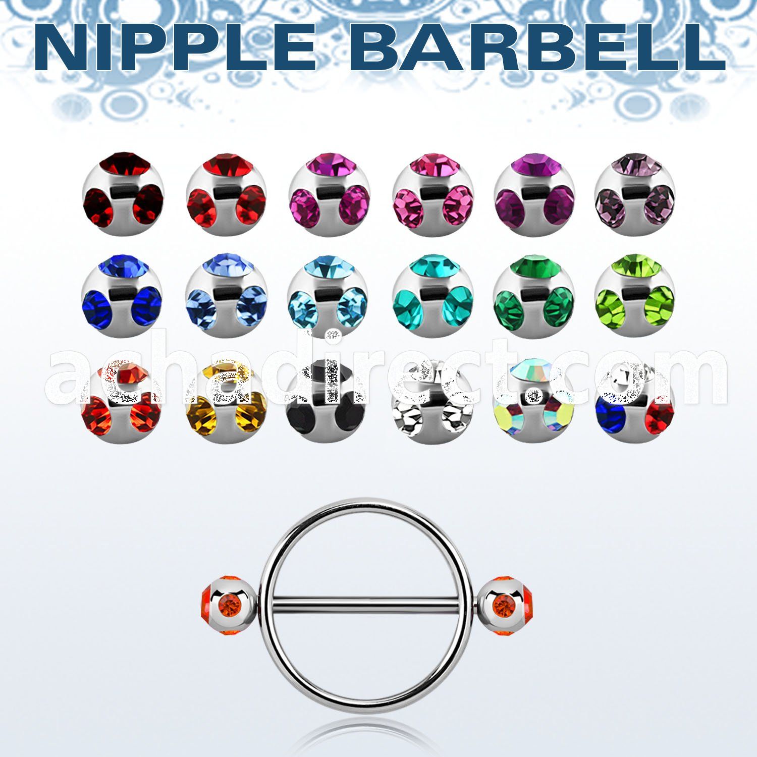 mjnpe5 steel round nipple shield w a bar 2 multi jewel balls