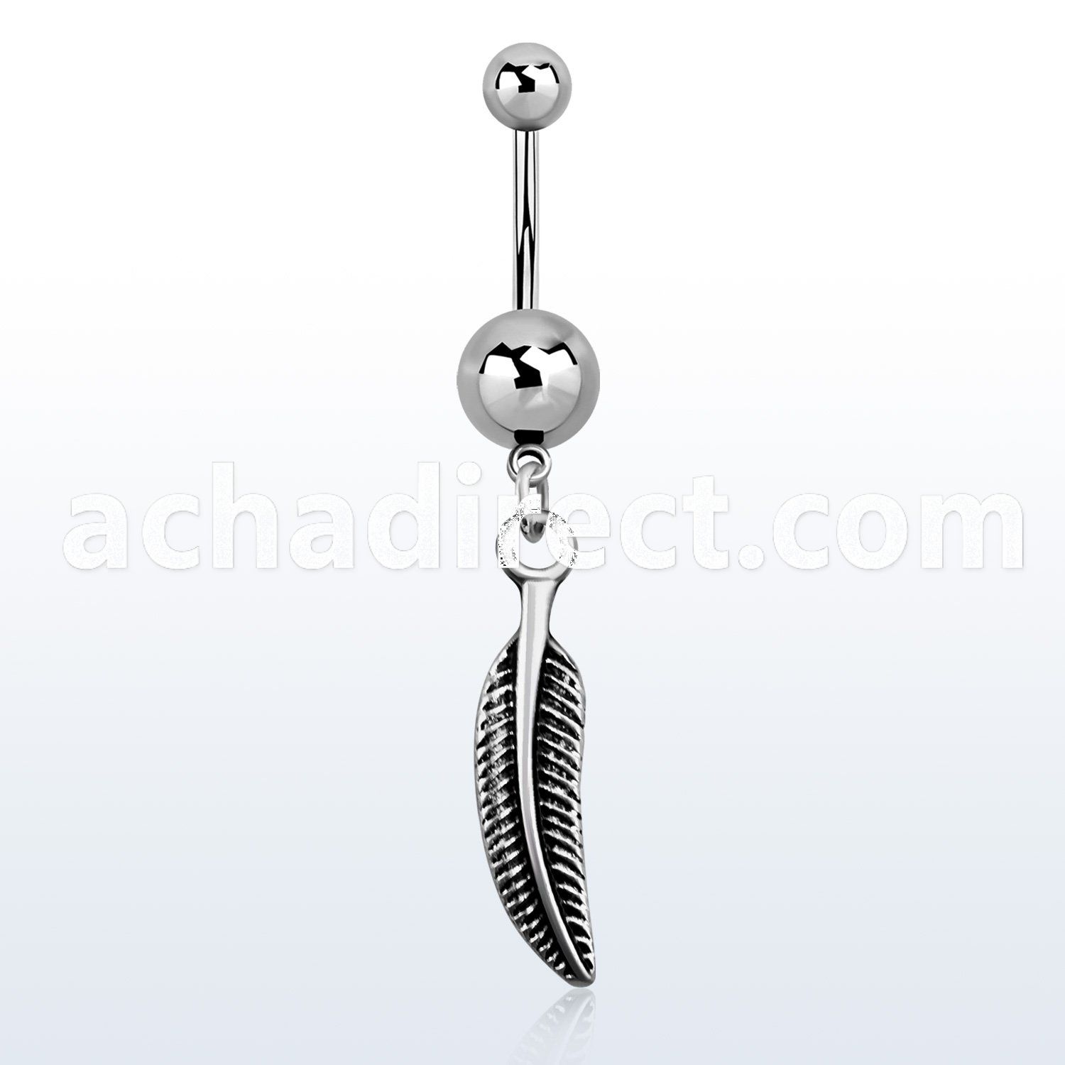 msd638 316l steel belly banana w a dangling curved feather