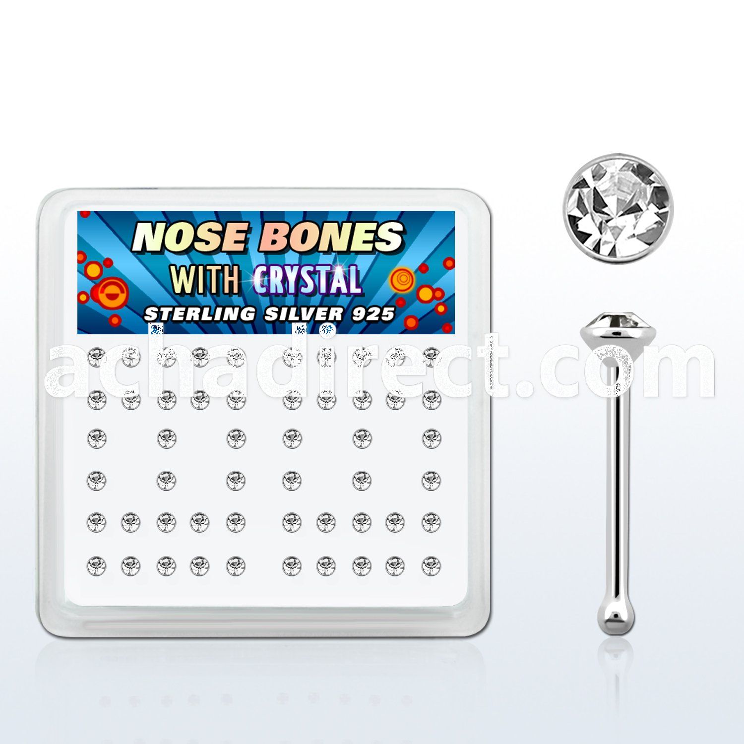 nb14cx box w 52 pcs of silver nose bones w 2mm round crystals