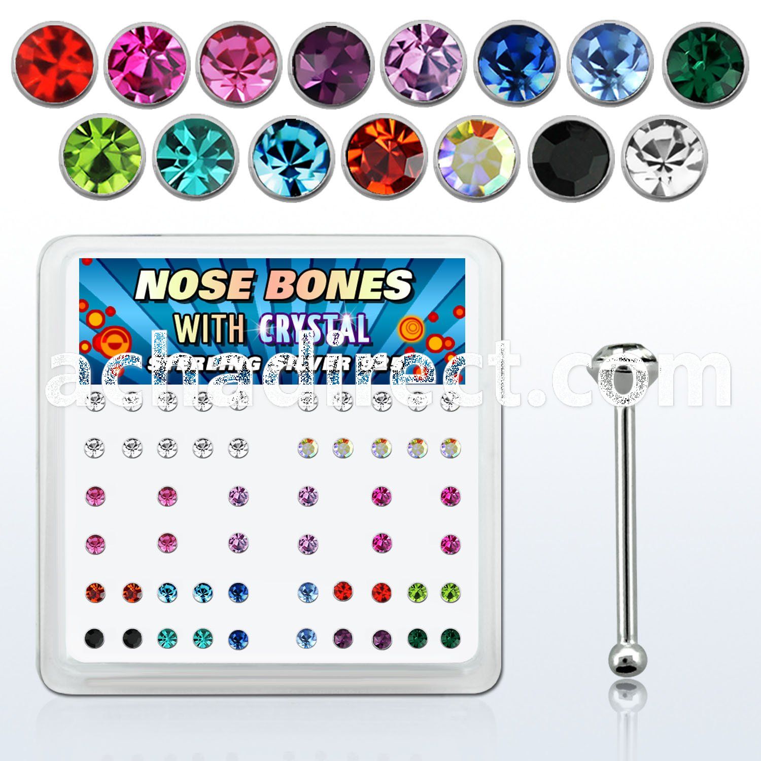 nb14mx box w silver nose bones w 2mm round mixed color crystals