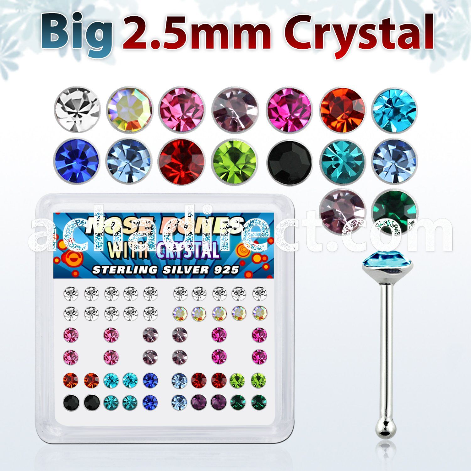 nb19mx box of silver nose bones with big 2 5mm crystal tops