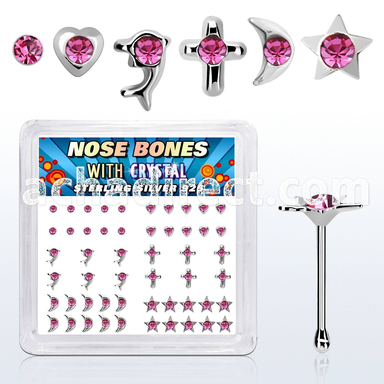 nbbxm4 box of silver nose bones with assorted rose crystal tops