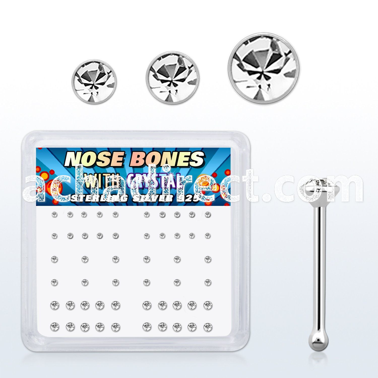 nbbxmc box of silver nose bones w 1 3 1 5 1 8mm crystals