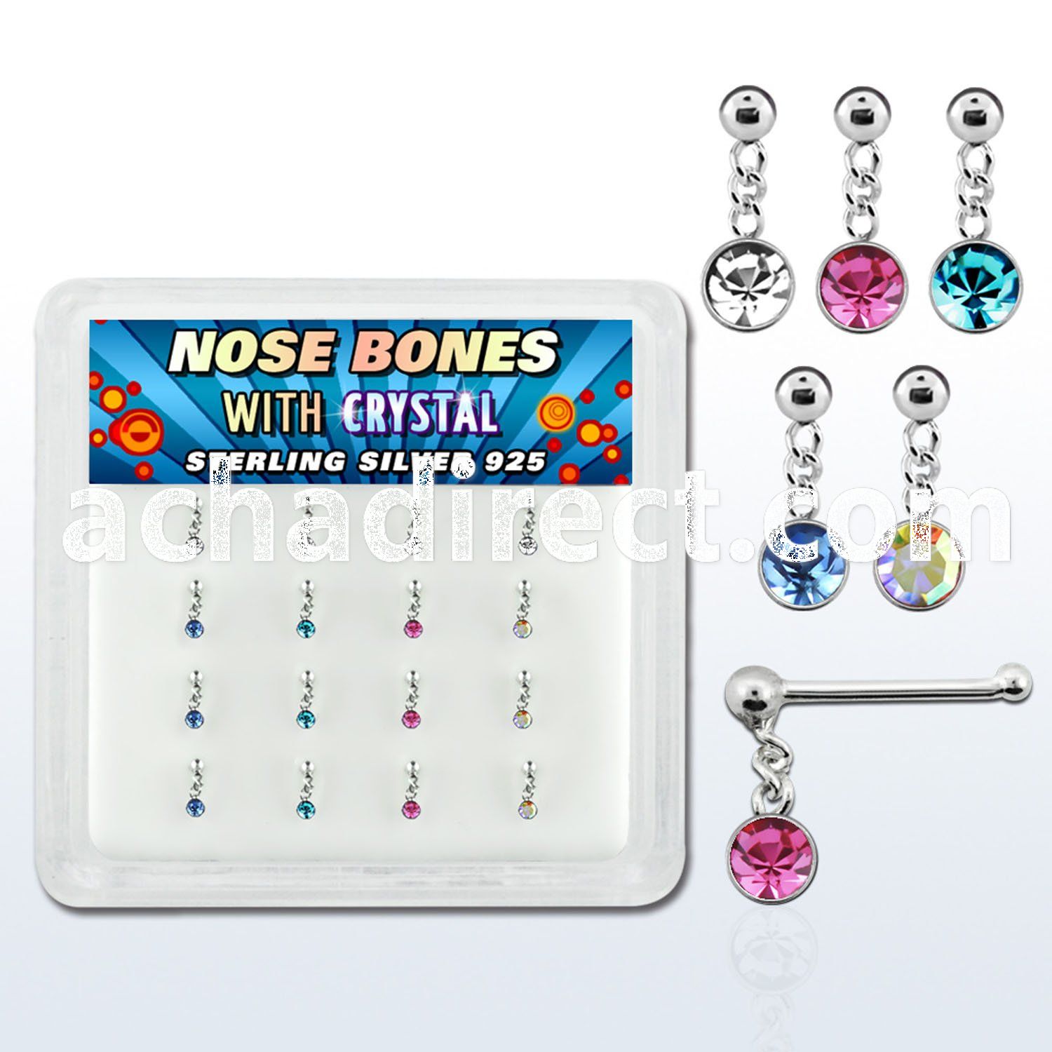 nbdm16 silver nose bones w ball dangling color crystal