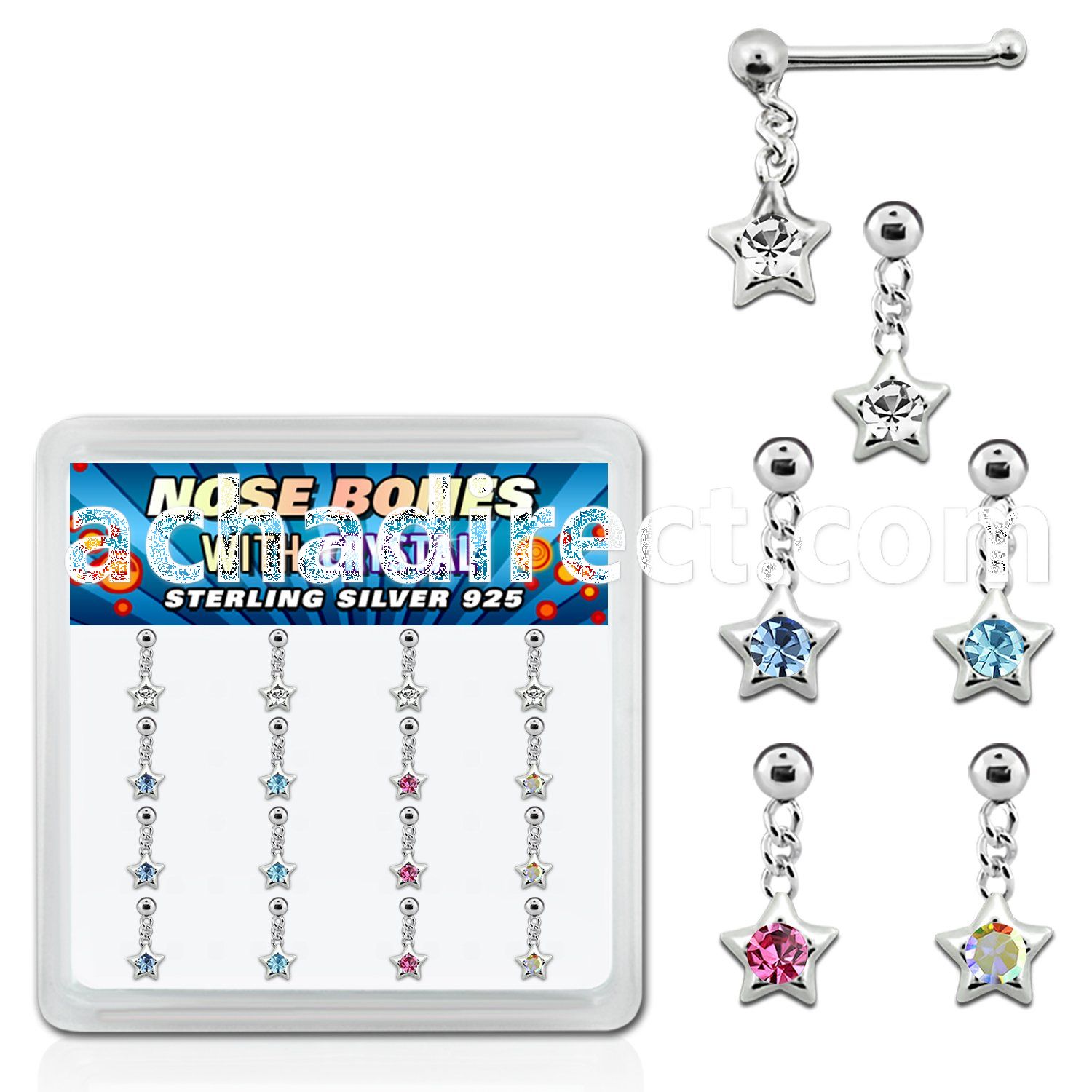 nbds16 box of silver nose bones w ball dangling star crystal