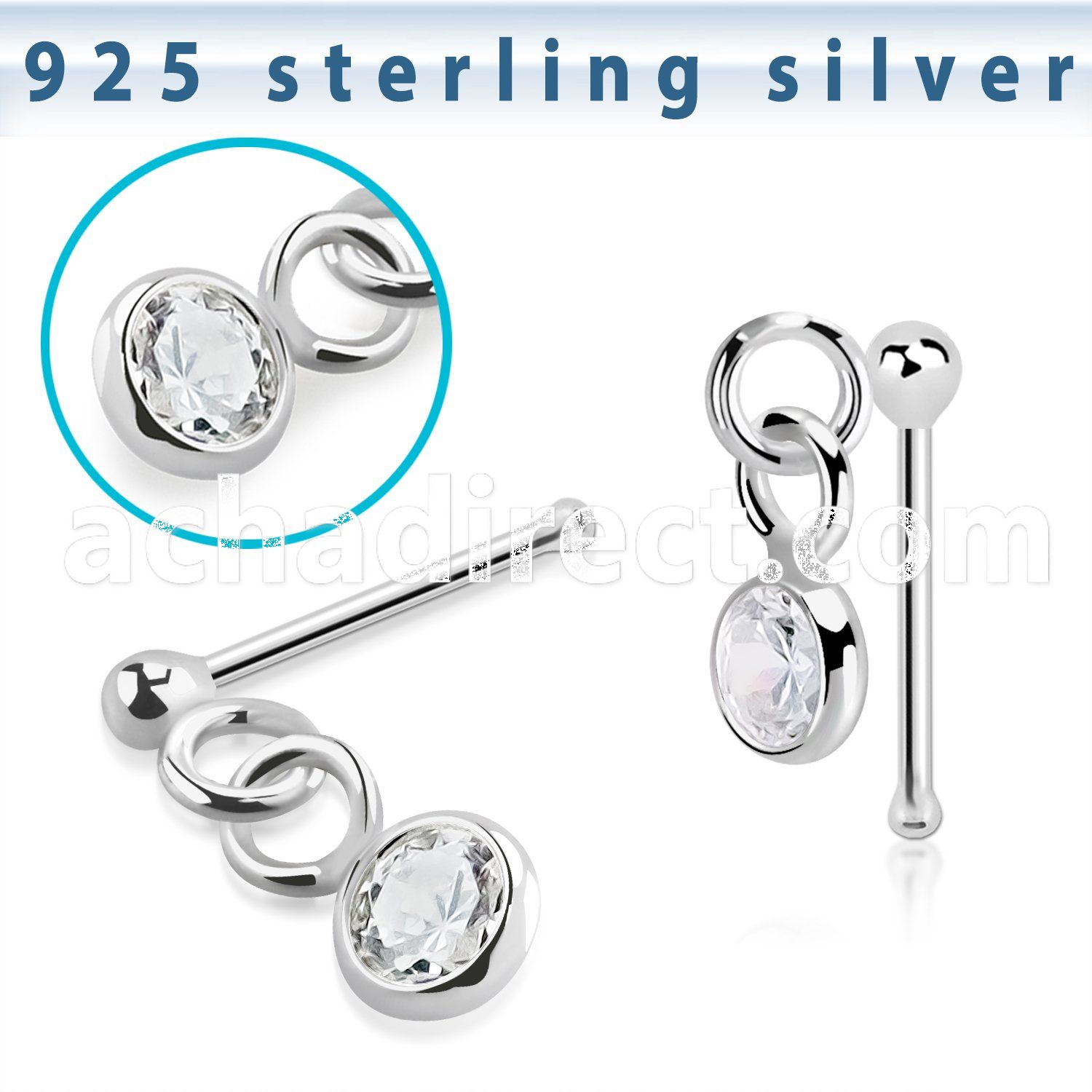 nbdvbz1 silver nose bone ball bezel set dangling cz