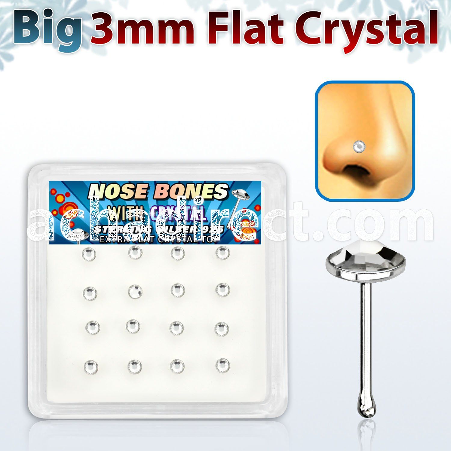 nbfb16c box of silver nose bones with 3mm clear crystal tops