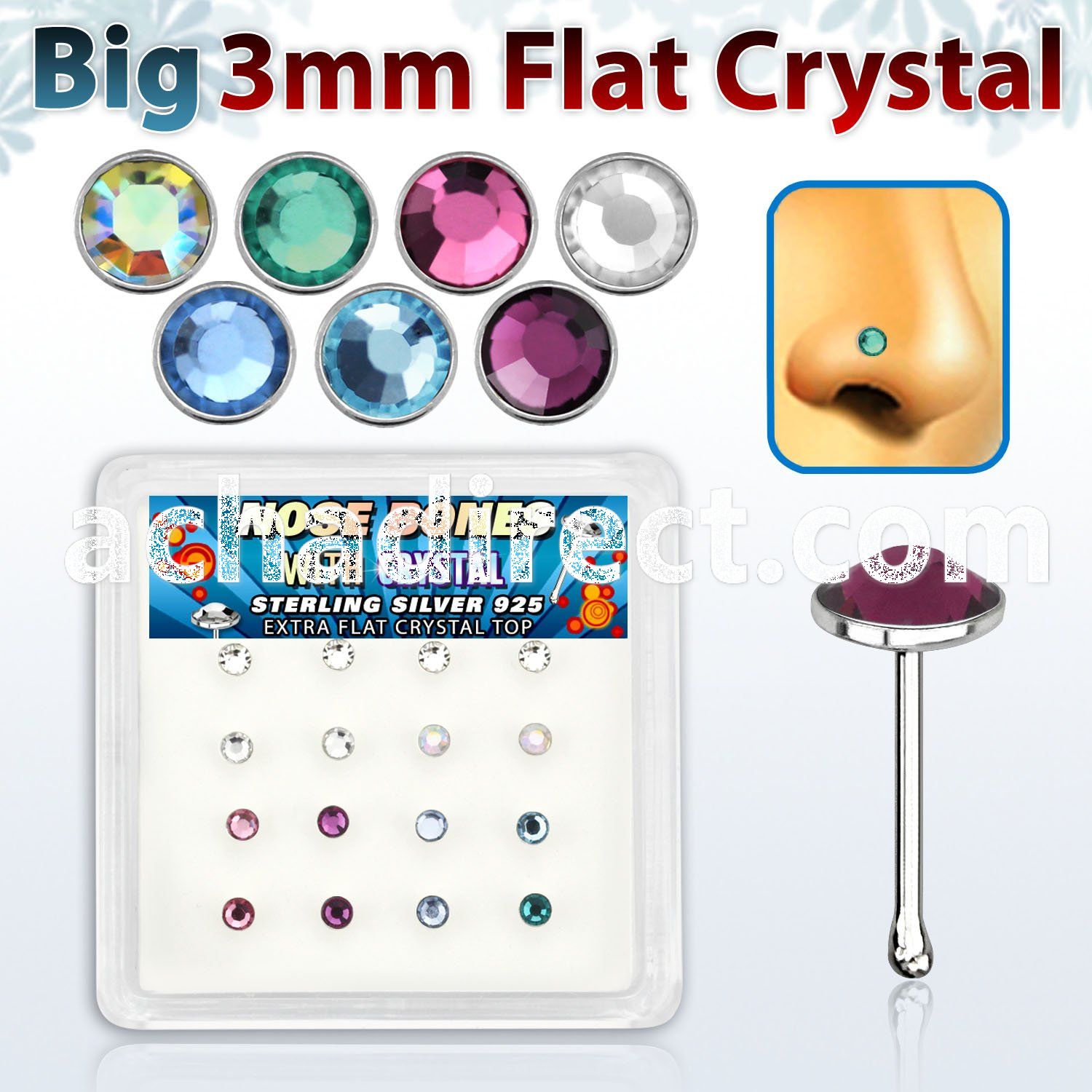 nbfb16m box of silver nose bones with assorted color crystals