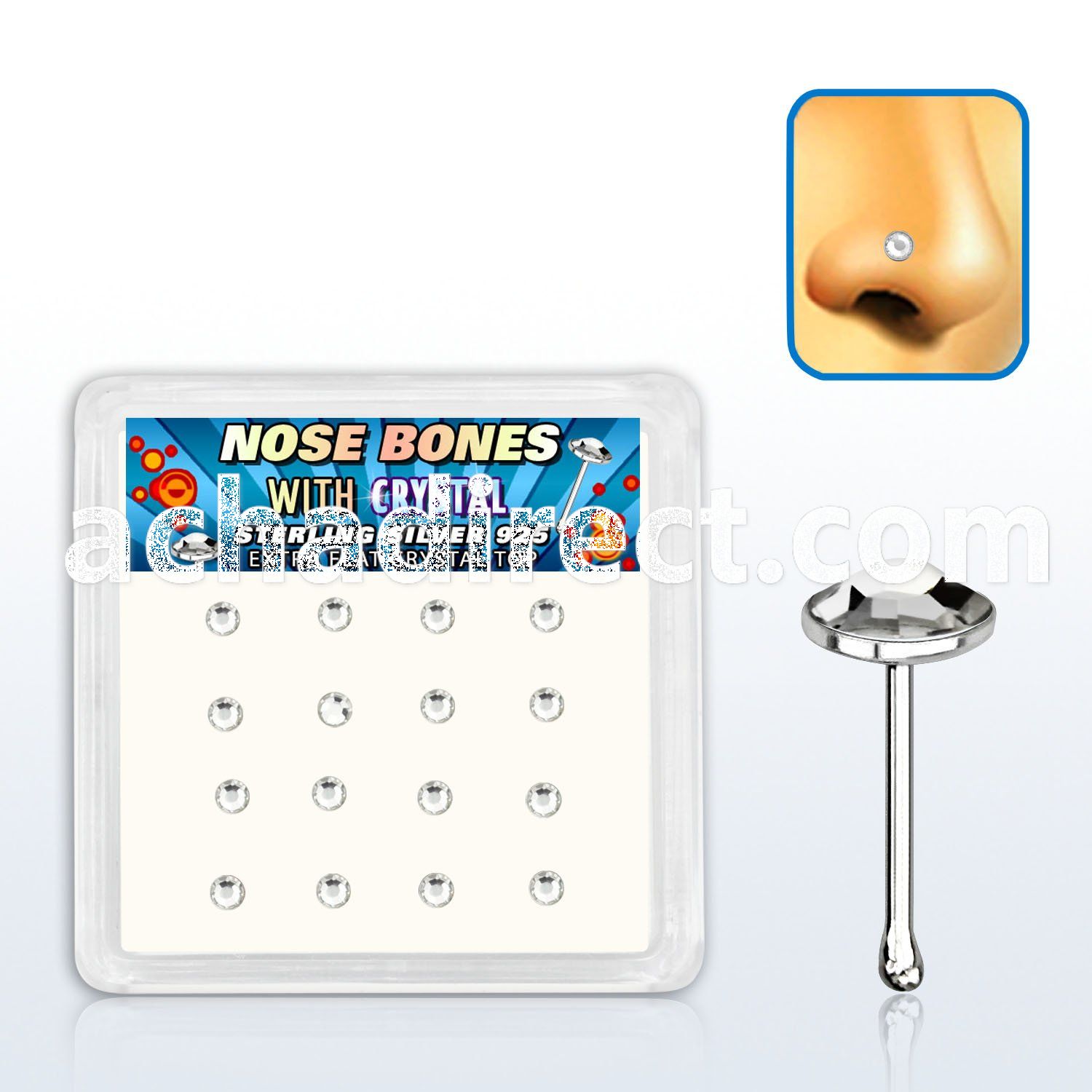 nbfbs16c box w 16 pcs of silver nose bone w flat 2.5mm clear tops