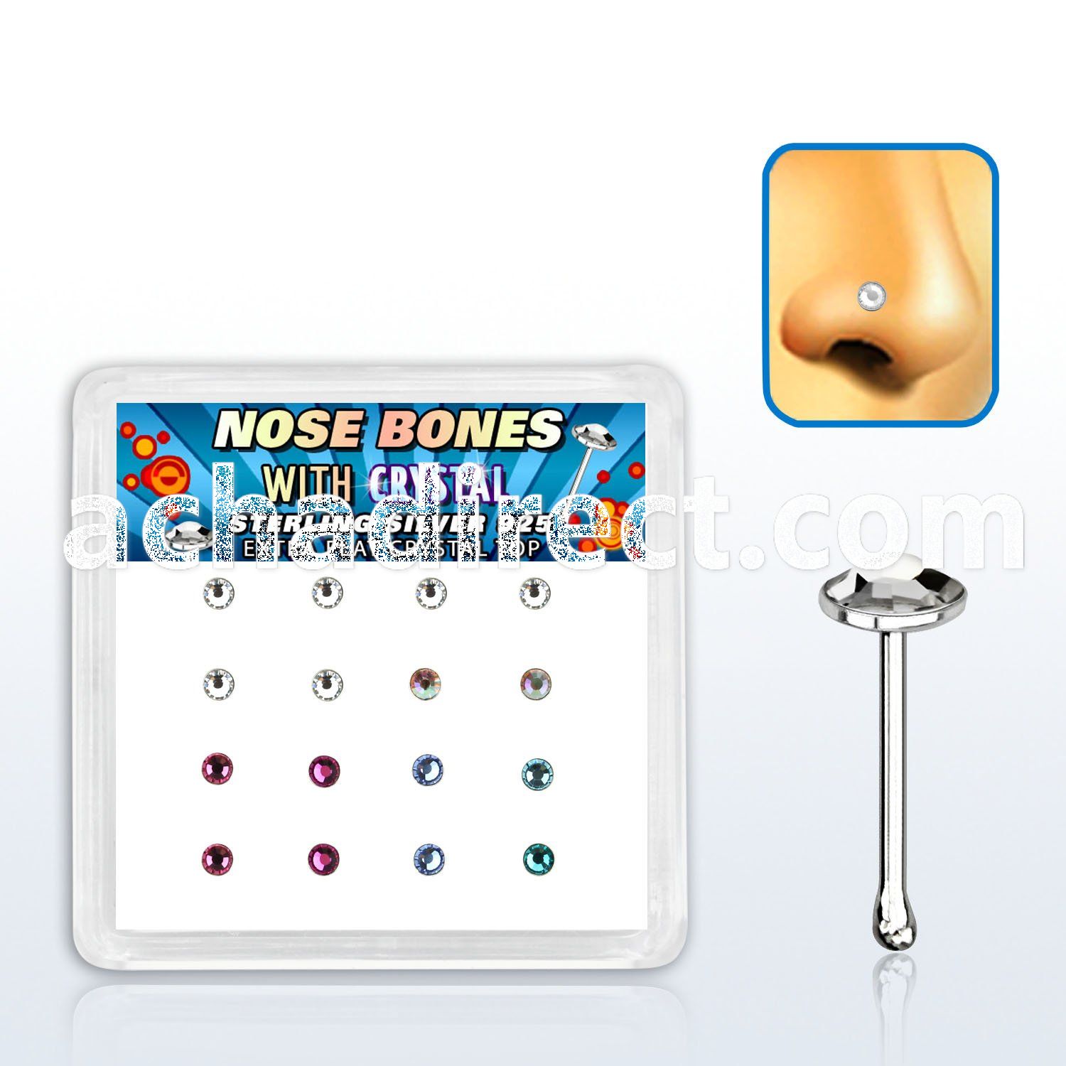 nbfbs16m box w 16 silver nose bone w round extra flat 2.5 crystal