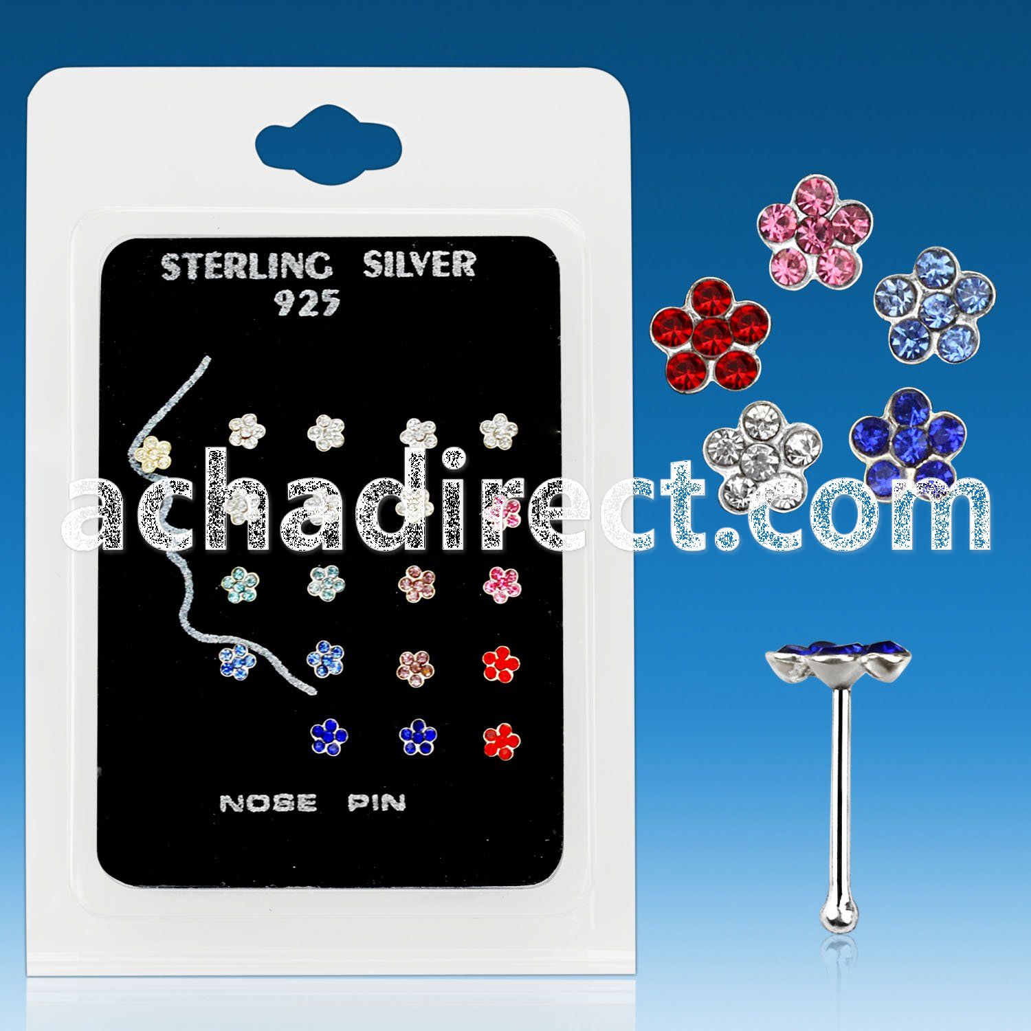 nbflpk pack of silver nose bones with assorted crystal flower